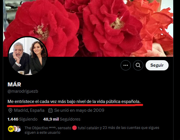 Perfil de X de MÁR donde escribe en su bio "Me entristece el cada vez más bajo nivel de la vida pública española."
