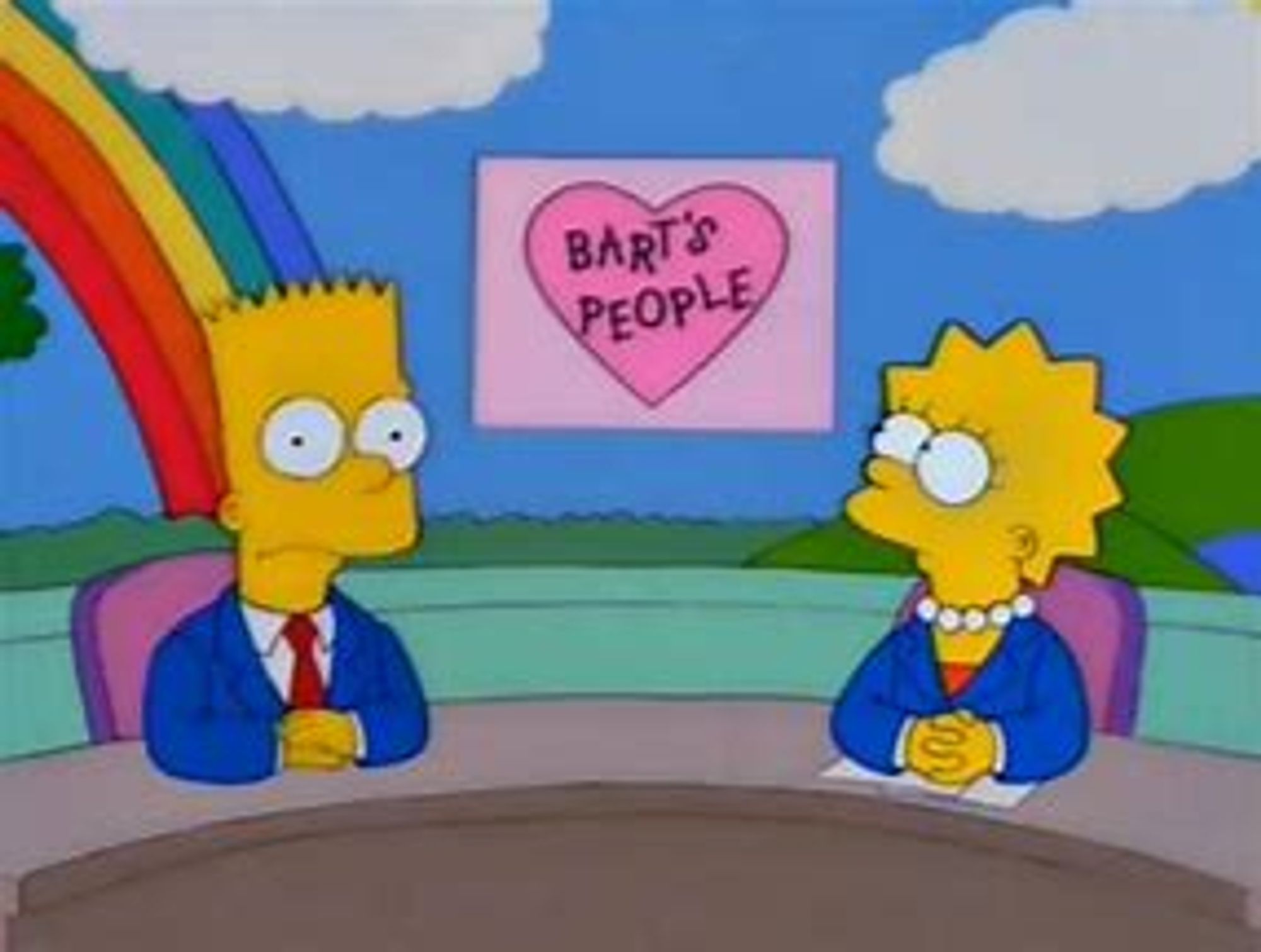 Imagen de los Simpsons en el que Bart y Lisa hacen un telediario y Bart crea la sección "La gente de Bart"