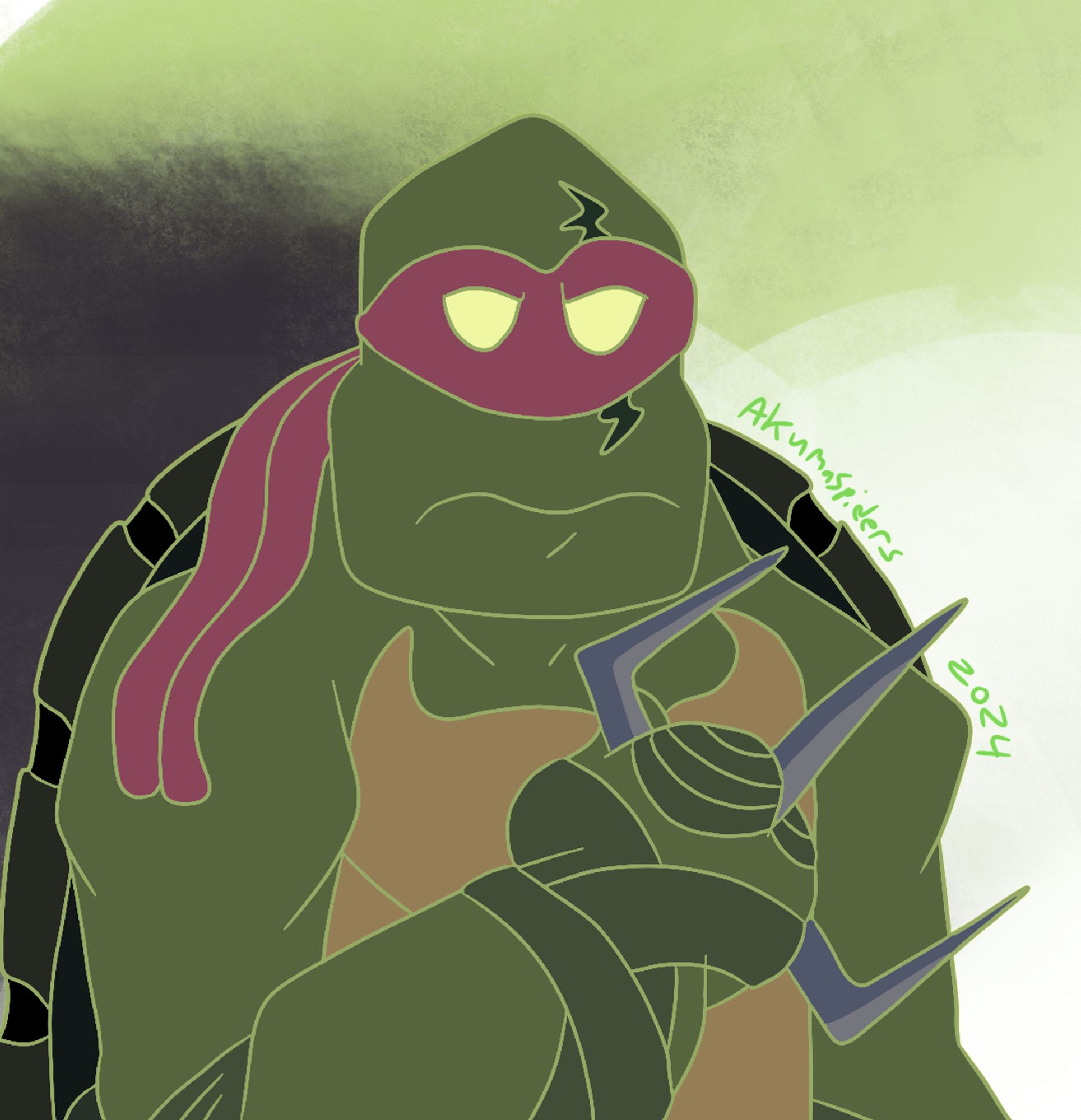 A digital drawing of Raph from Batman vs the TMNT, he has a sai resting between his fingers and is grimacing.