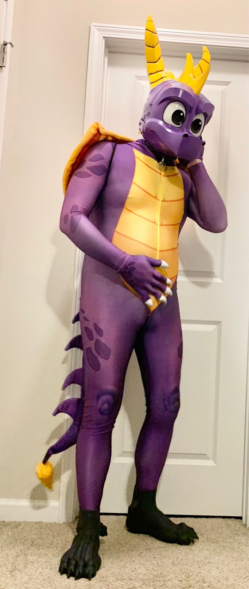 Spyro the Dragon cosplay consisting of a spandex bodysuit and 3D-printed helmet/mask.