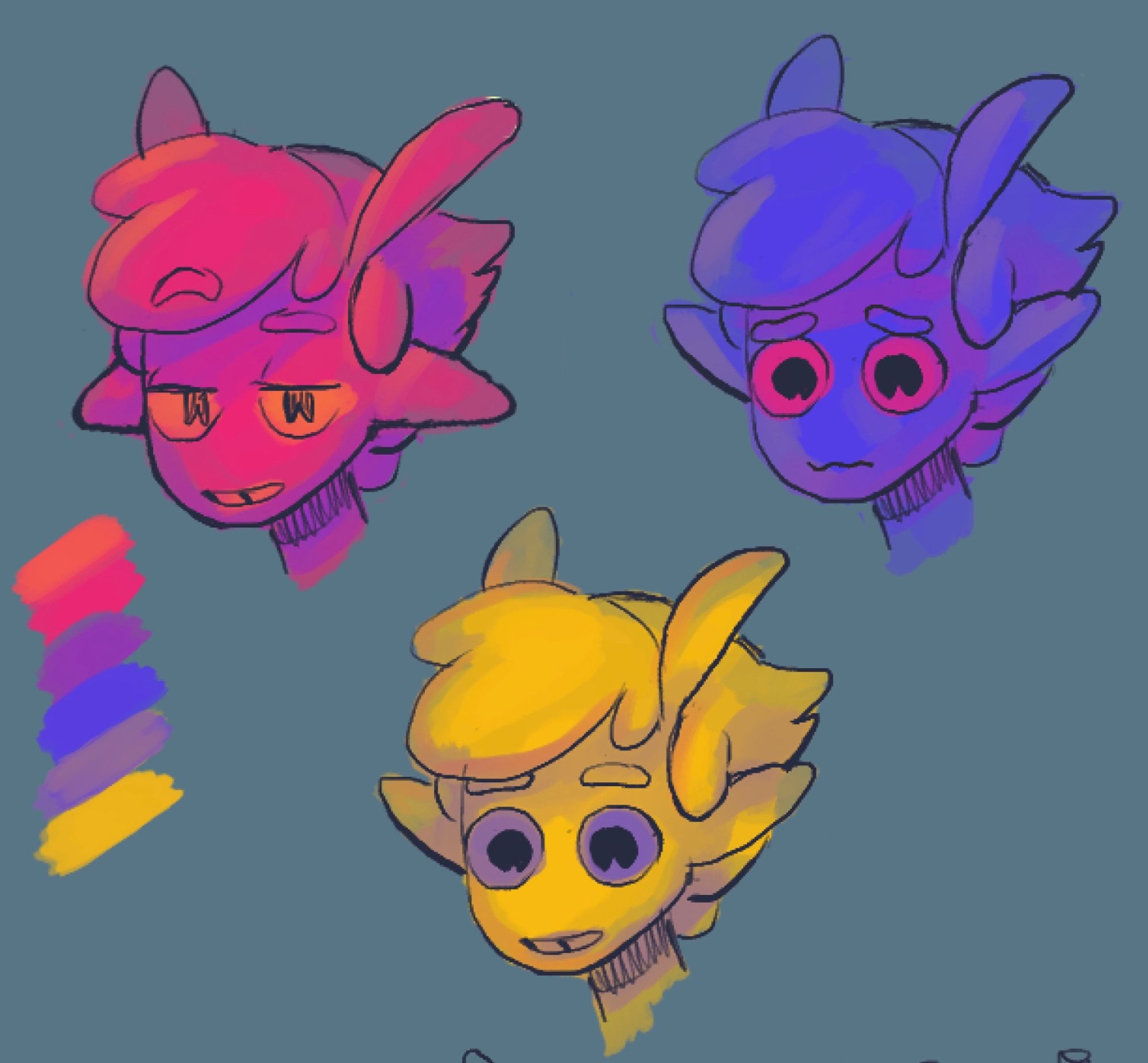 Three cartoon heads that are a lush ruby red, a deep royal blue, and a fun sunny yellow