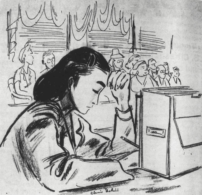 Pacific Citizen cartoon of Iva Toguri by Chris Ishii, September 3, 1949. The drawing shows Toguri seated in a courtroom with observers behind her.