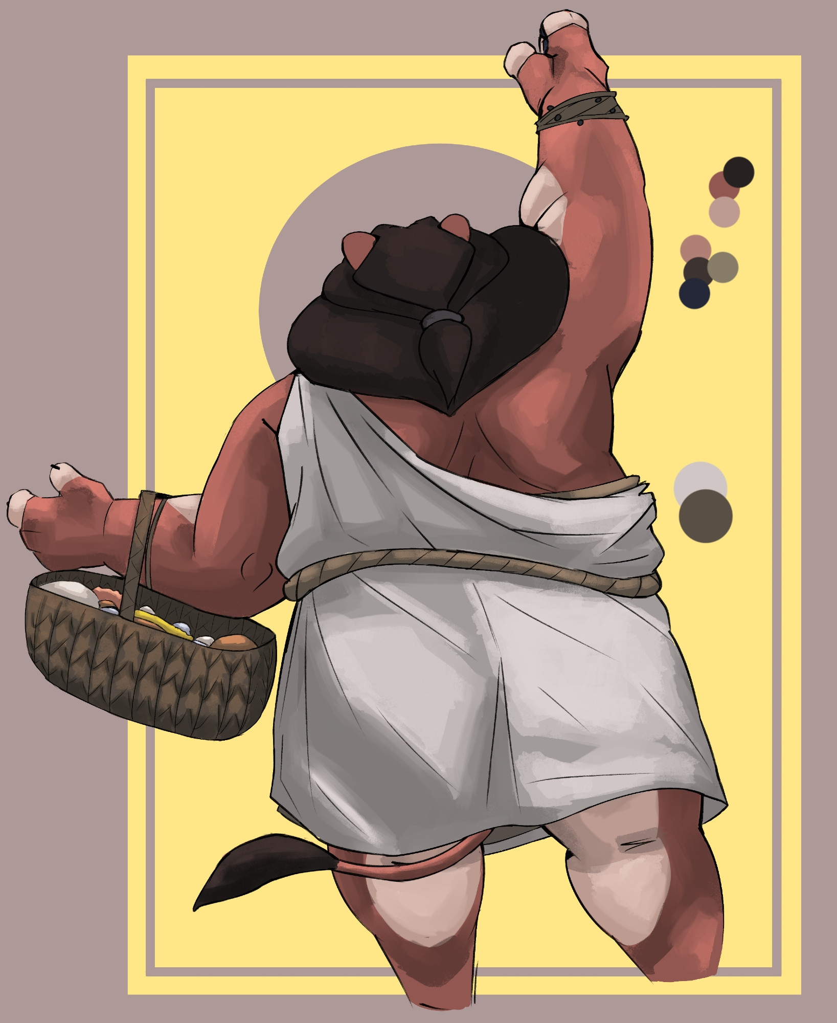 Back view, reaching up. (Likely for something that's grown on a branch!)