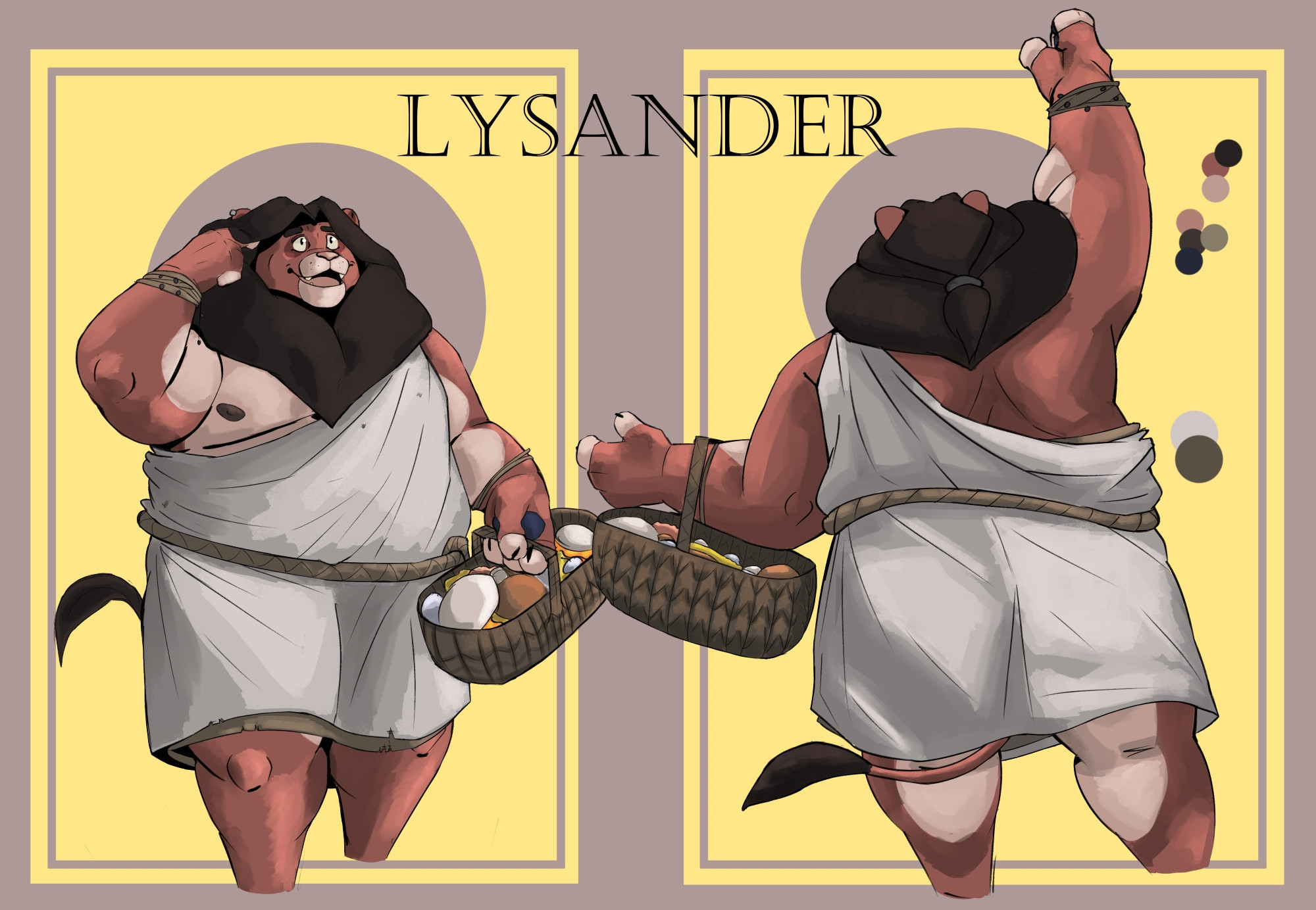 Lysander! From my partner and I's latest vn jam project. 

This shows a front and back view of the lion, holding a basket of mushrooms freshly picked from the forest outside of his home, Australis. 