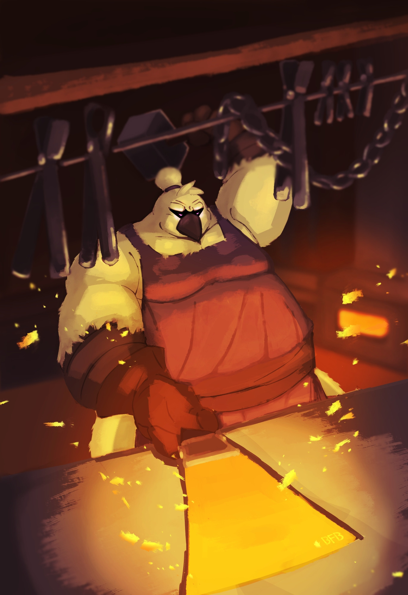 A large, burly shima-enaga works away at a forge, raising his hammer to strike a sheet of metal that he's holding into shape. Above him hangs his tools, and on his face a stern expression thick with shadow - allowing only the purple glow of his eyes to show.