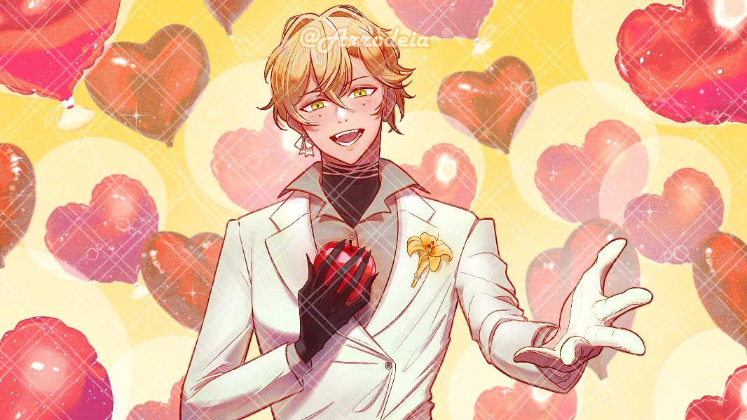 A blonde man holds an apple with his demonic hand close to his chest, while extending his other hand toward the viewer in invitation. It’s a celebration and there are heart balloons everywhere, he’s smiling happily.