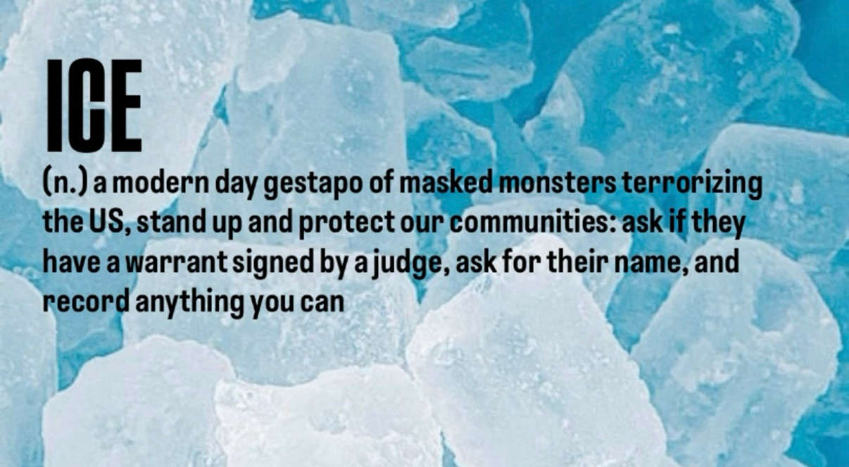 A picture of Ice with the caption: "a modern day gestapo of masked monsters terrorizing the US, stand up and protect our communities: ask if they have a warrant signed by a judge, ask for their name, and record anything you can"