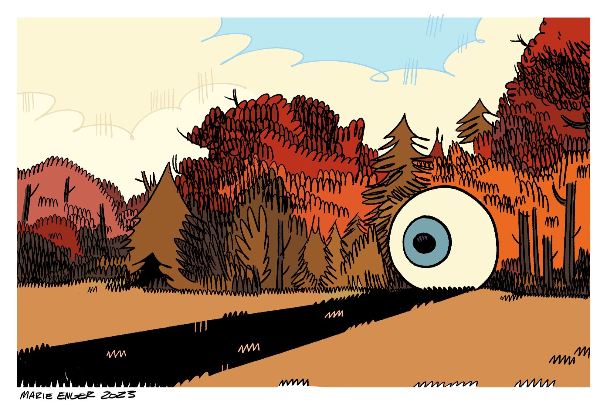 A graphic illustration of a large blue eye sitting on dry grass. There is a lot of autumnal foliage in the background