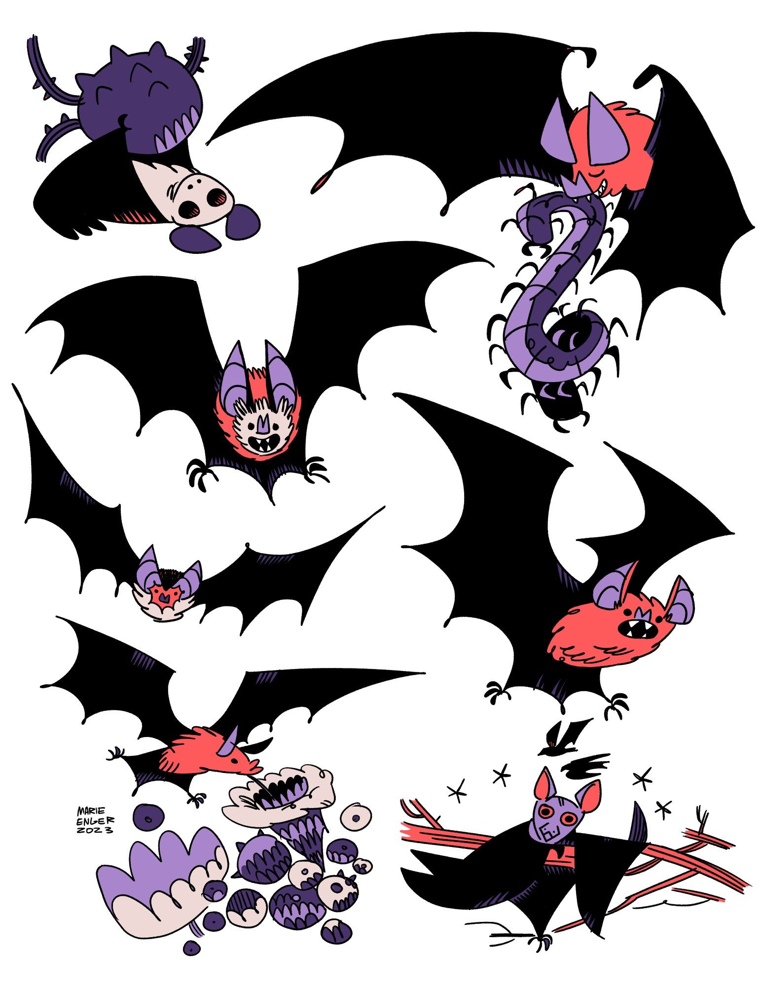 A graphic illustration of 7 bats - one of them is stella luna!