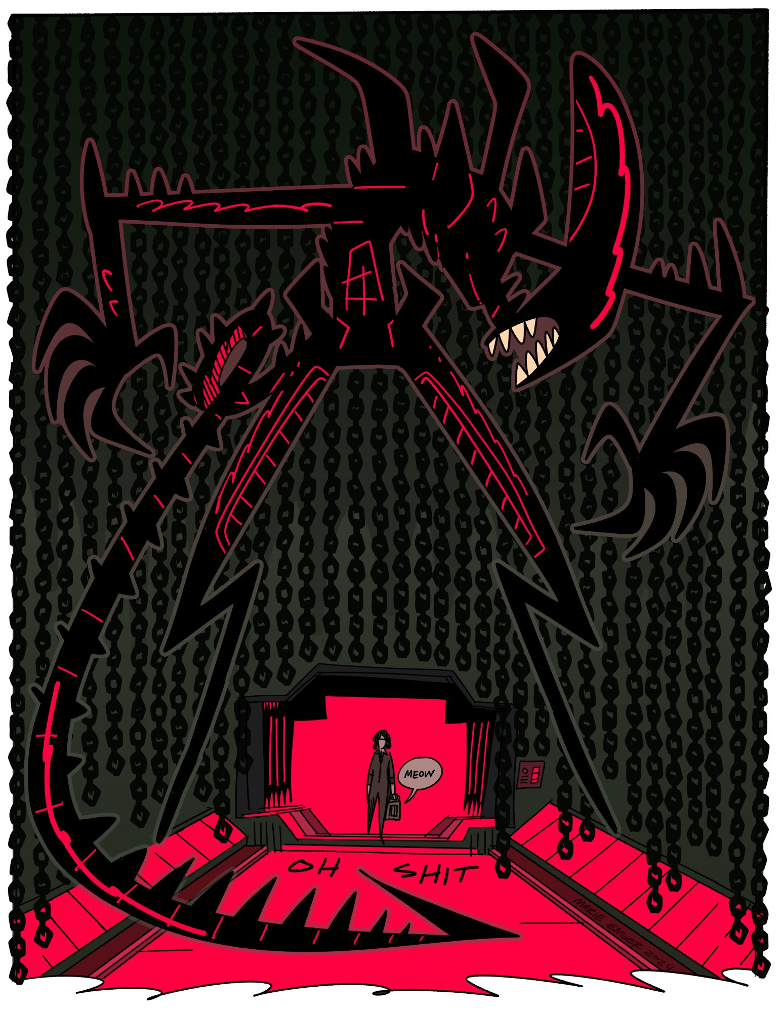 A color illustration of the xenomorph, Ripley, and Jonesy 