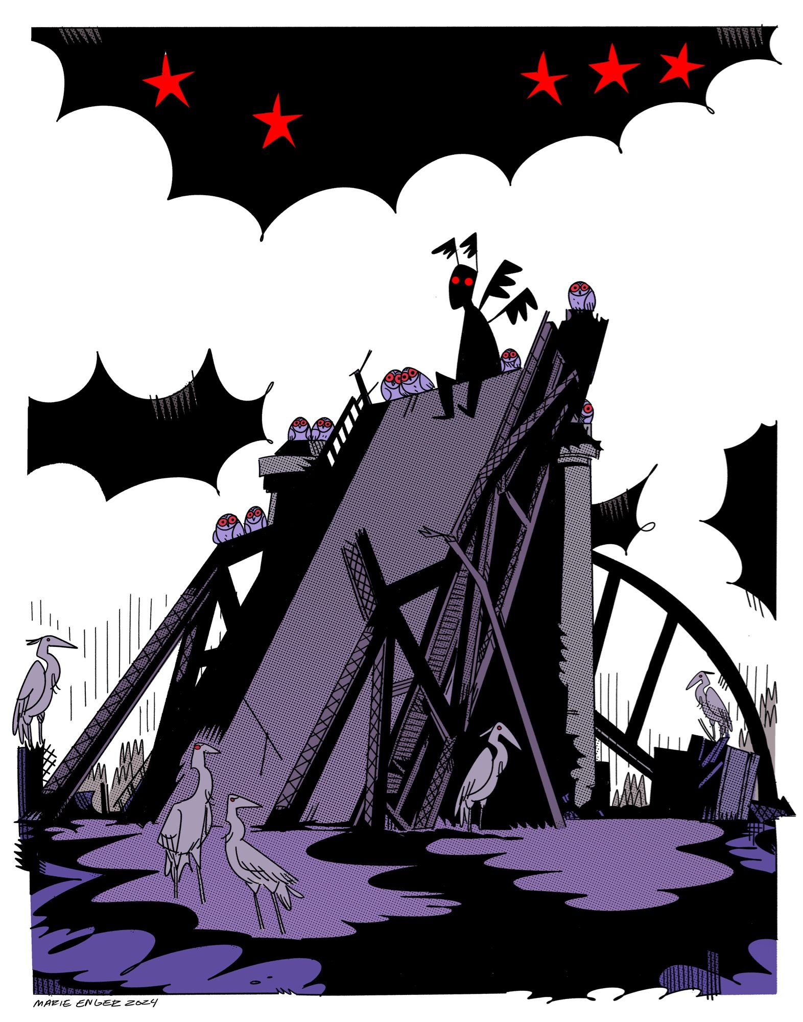 A large illustration of MOTHMAN on his collapsed bridge, surrounded by barred owls and herons