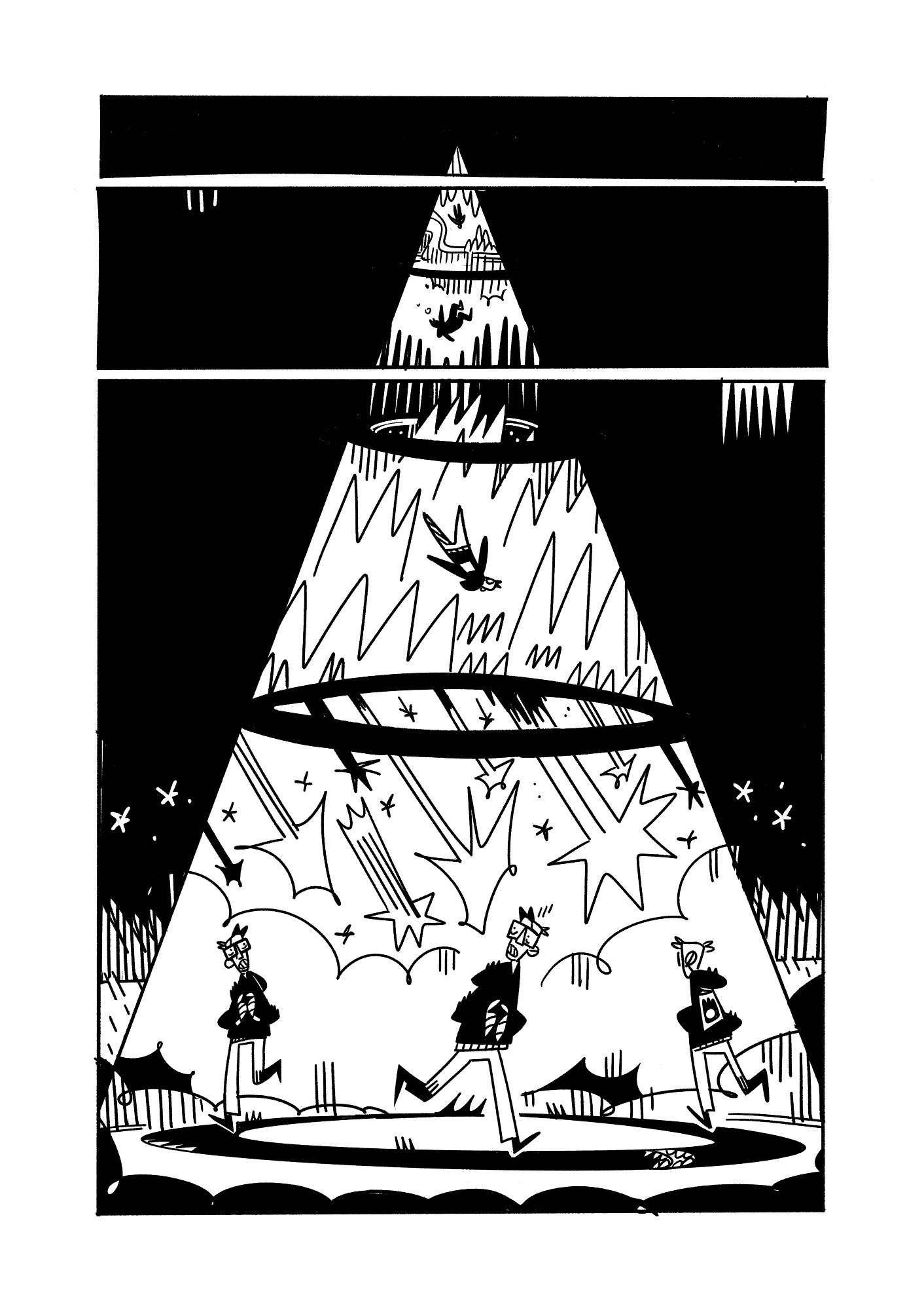 A black and white comic page of red finch running around in circles as his world collapses in around him. He falls. he drowns. He sets everything on fire. The sky falls, the earth opens, everyone is fucked