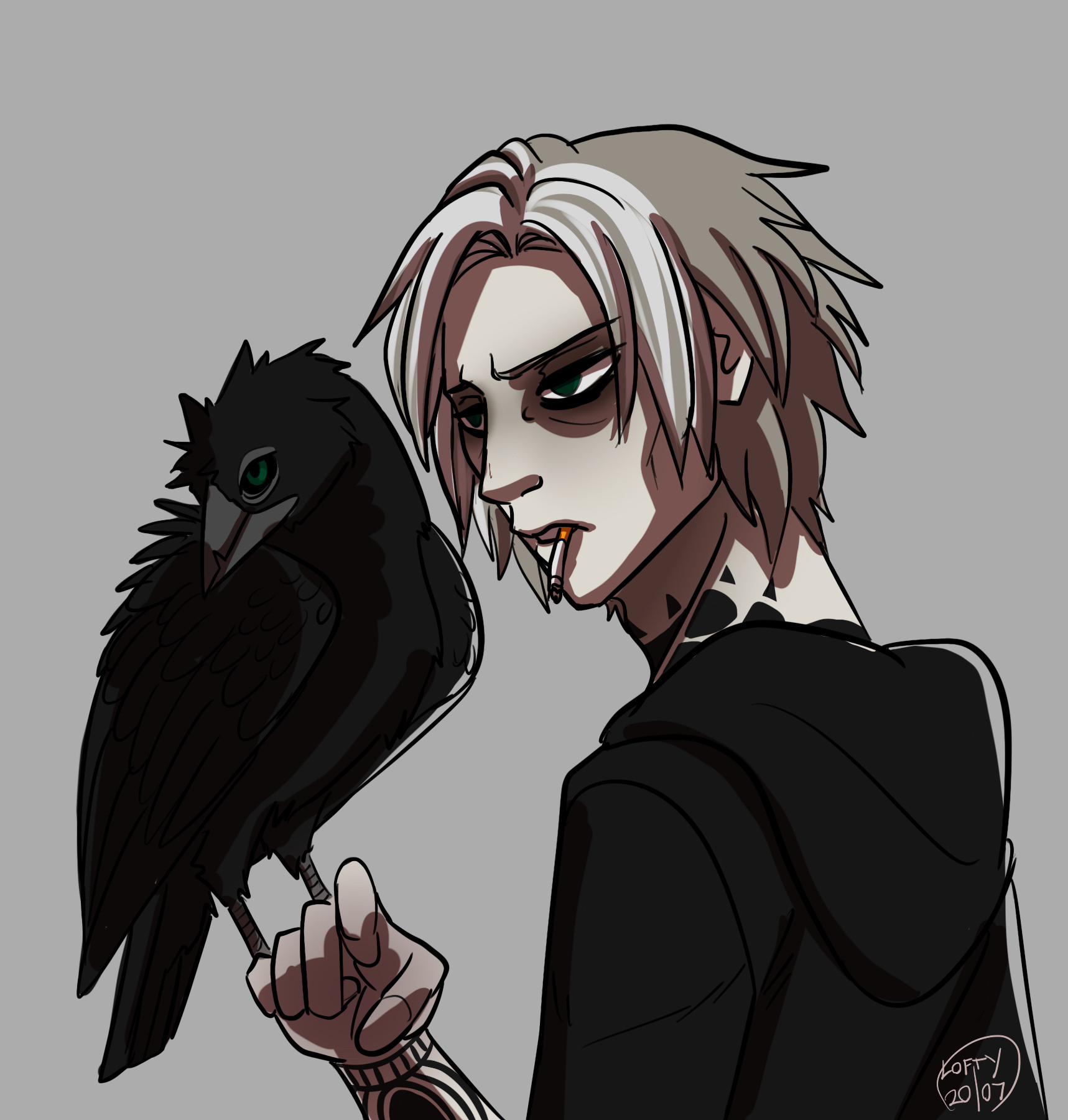 A rough coloured digital sketch of Dustan and Soto. Dustan is wearing a black hoodie with a cigarette in his mouth while Soto, a large Raven, is perched on his hand.