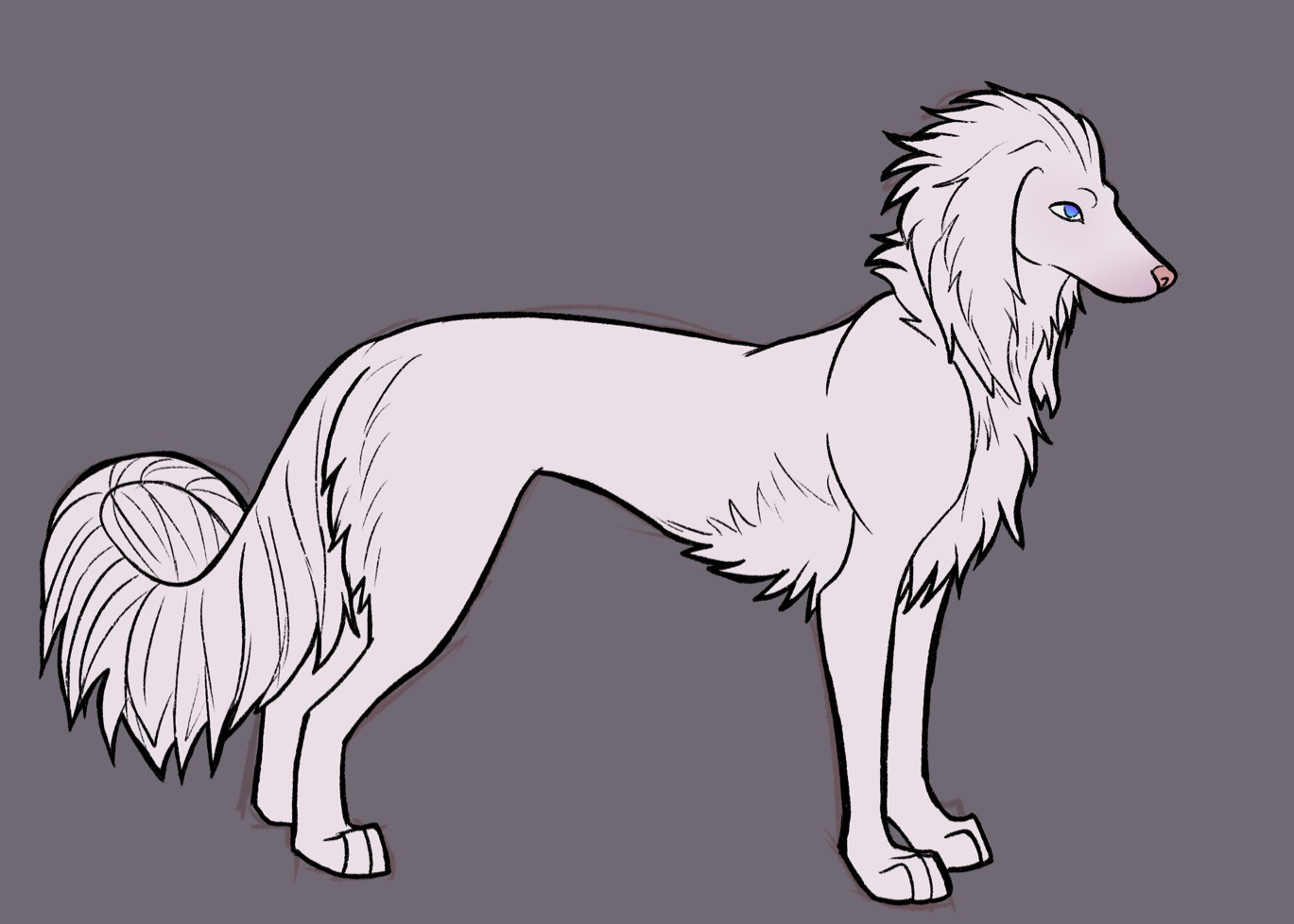 A digital flat coloured concept of a white Saluki dog with a pink nose and blue eyes.