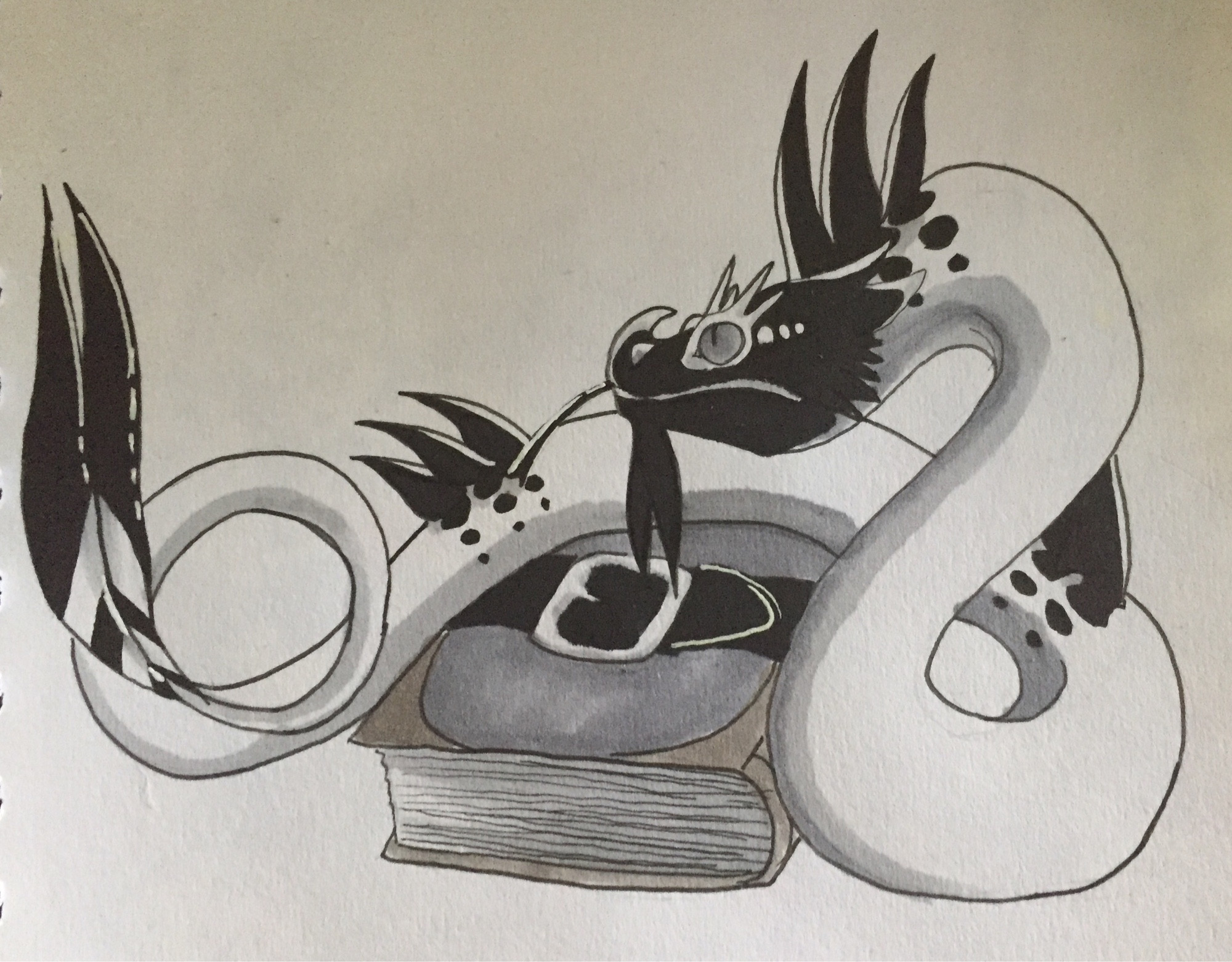 A traditional copic greyscale illustration of Snoot/Snoodle, a strange looking Viper draped across a large tome.