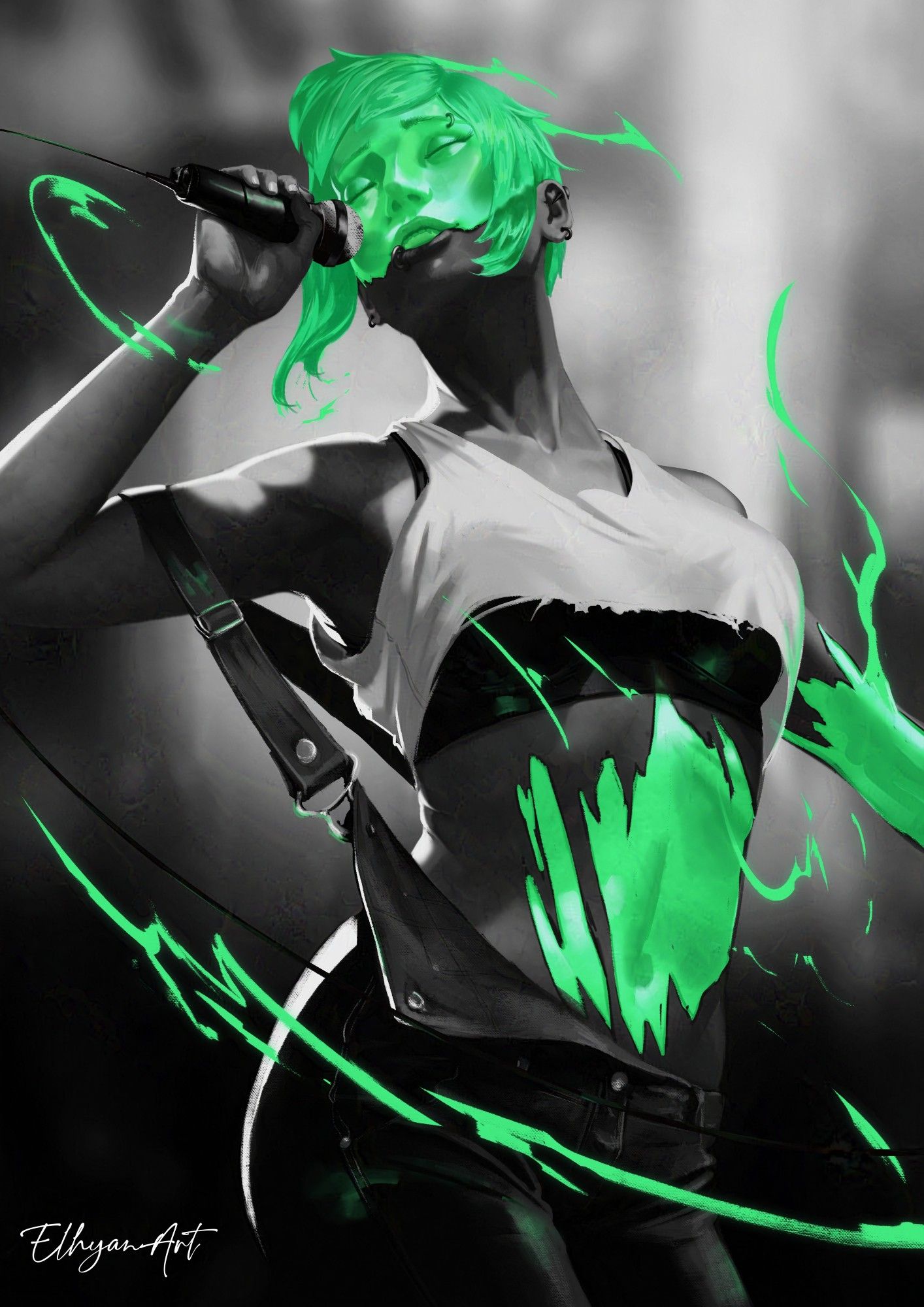 Black and white painting of a woman holding a mic, singing
Parts of her abdomen, left arm and head appears in a spectral form and are the only thing in color here, a ghostly green