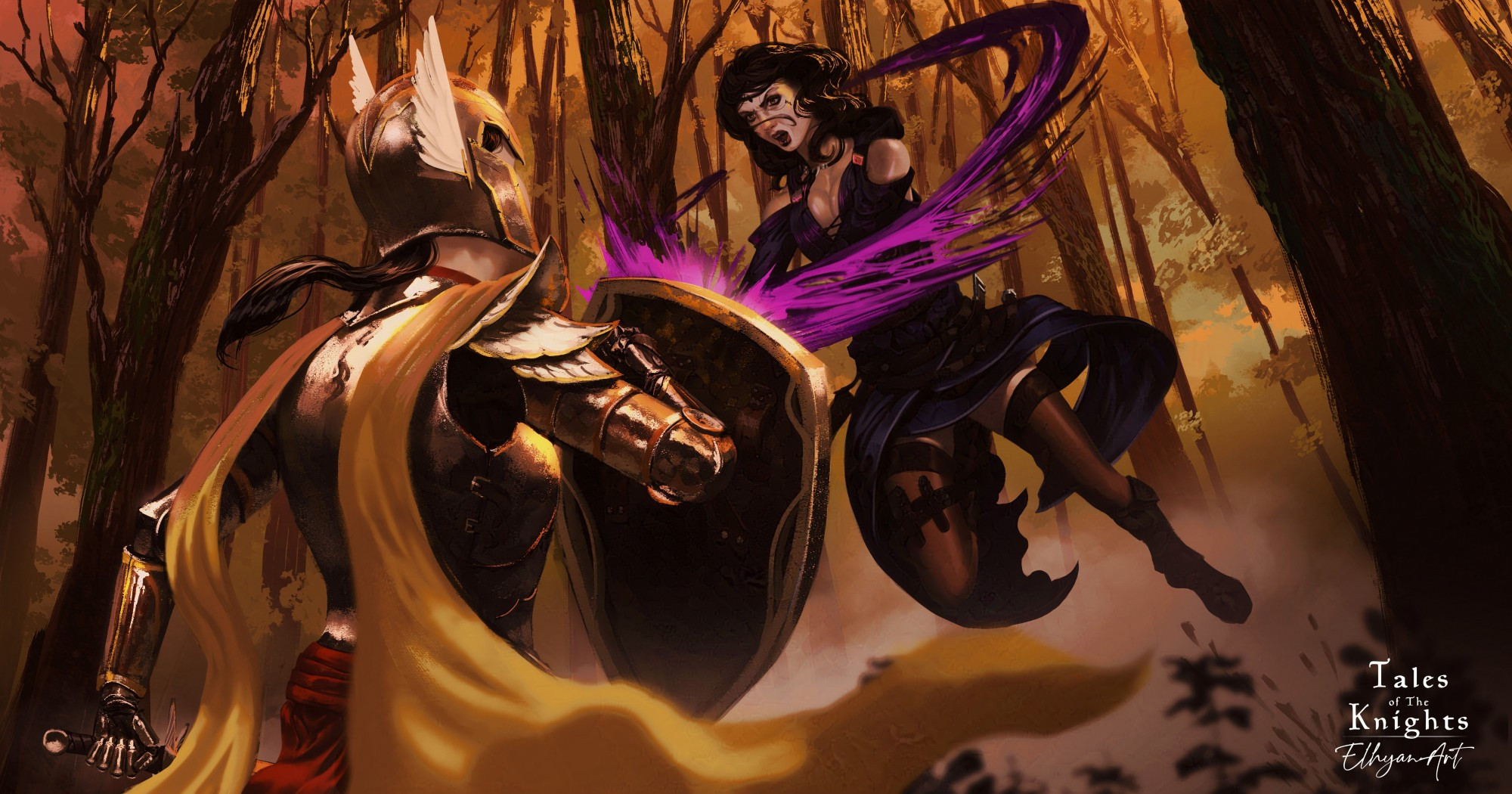 In the middle of the forest at dusk, Alyshia and Elhyana are fighting furiously. Alyshia, shield up, is blocking a very strong attack, boosted by magic from Elhyana