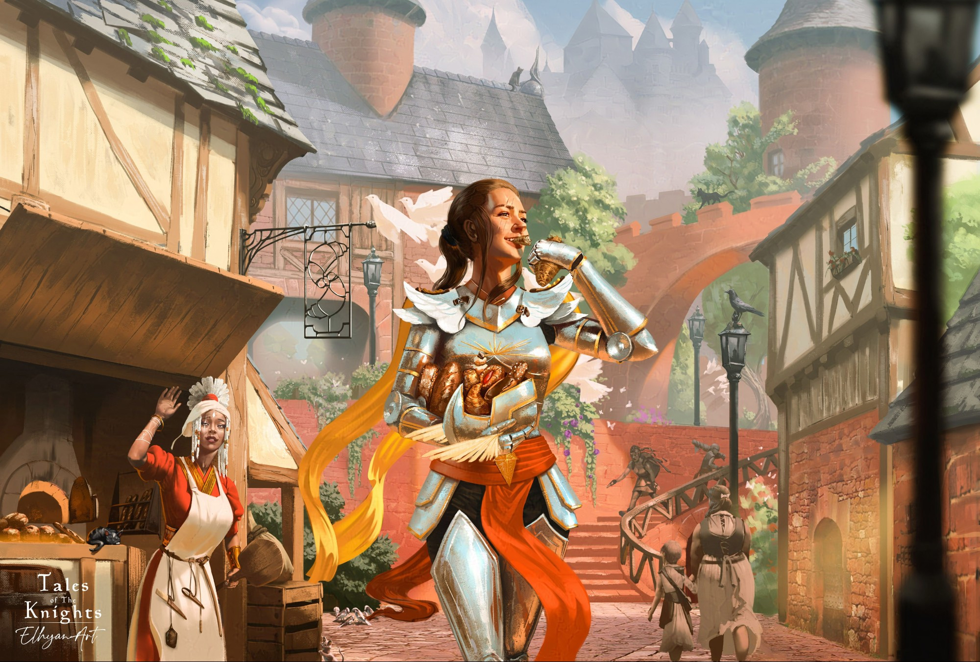 In the city of Noshtraad, Alyshia, a knight in shiny armor, is walking away from the bakery, her helmet full of pastries, and a big smile on her face