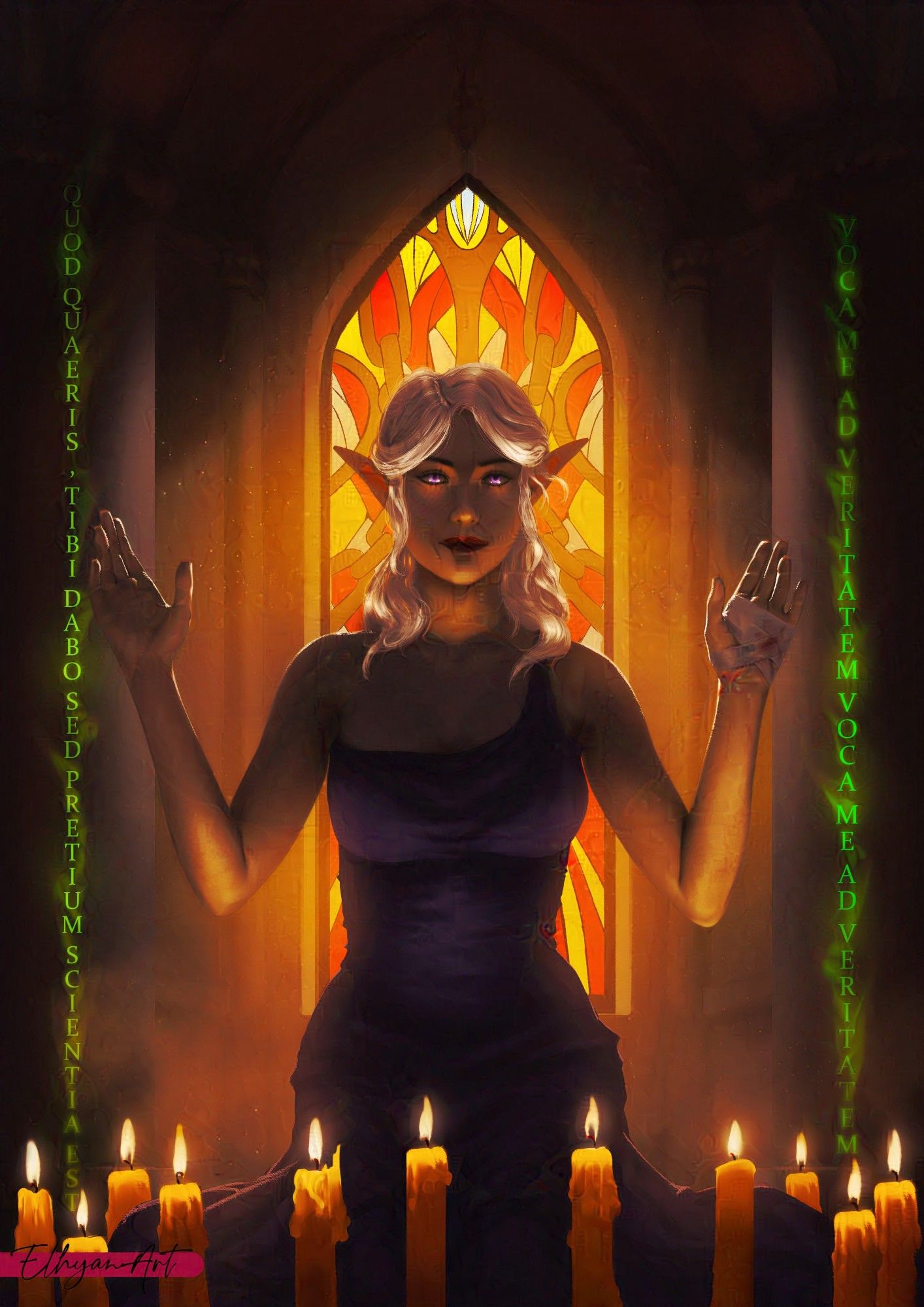 An elven woman with white hair sitting alone in a crypt, she's wearing a purple dress and bandages on her left hand.
Surronded by candles, she's performing a ritual, the glowing writtings on the pillar framing her
Behind her the light of the setting sun comes throught the stained glass with symbols of chains, illiminating her...