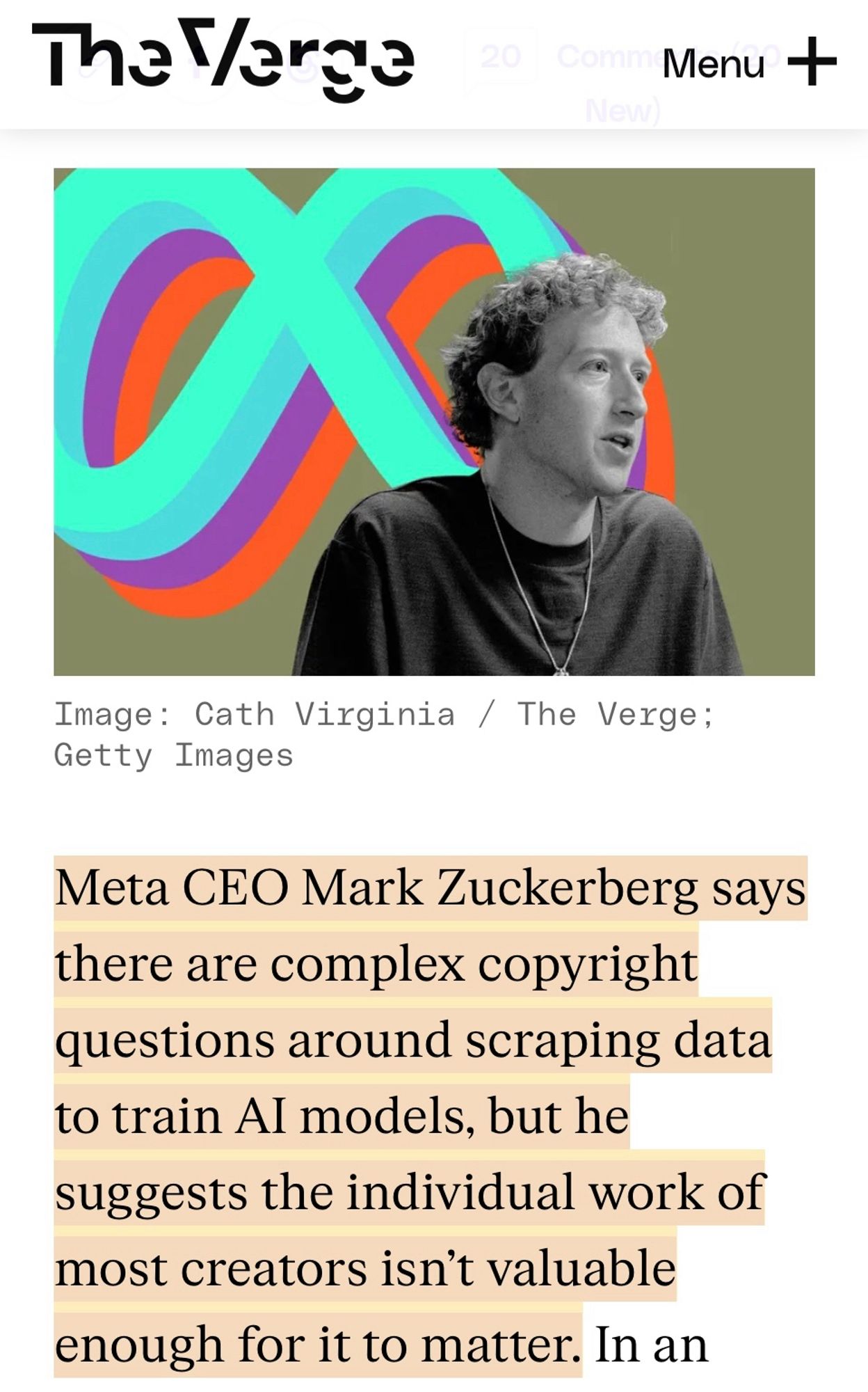 “Meta CEO Mark Zuckerberg says there are complex copyright questions around scraping data to train Al models, but he suggests the individual work of most creators isn't valuable enough for it to matter.”