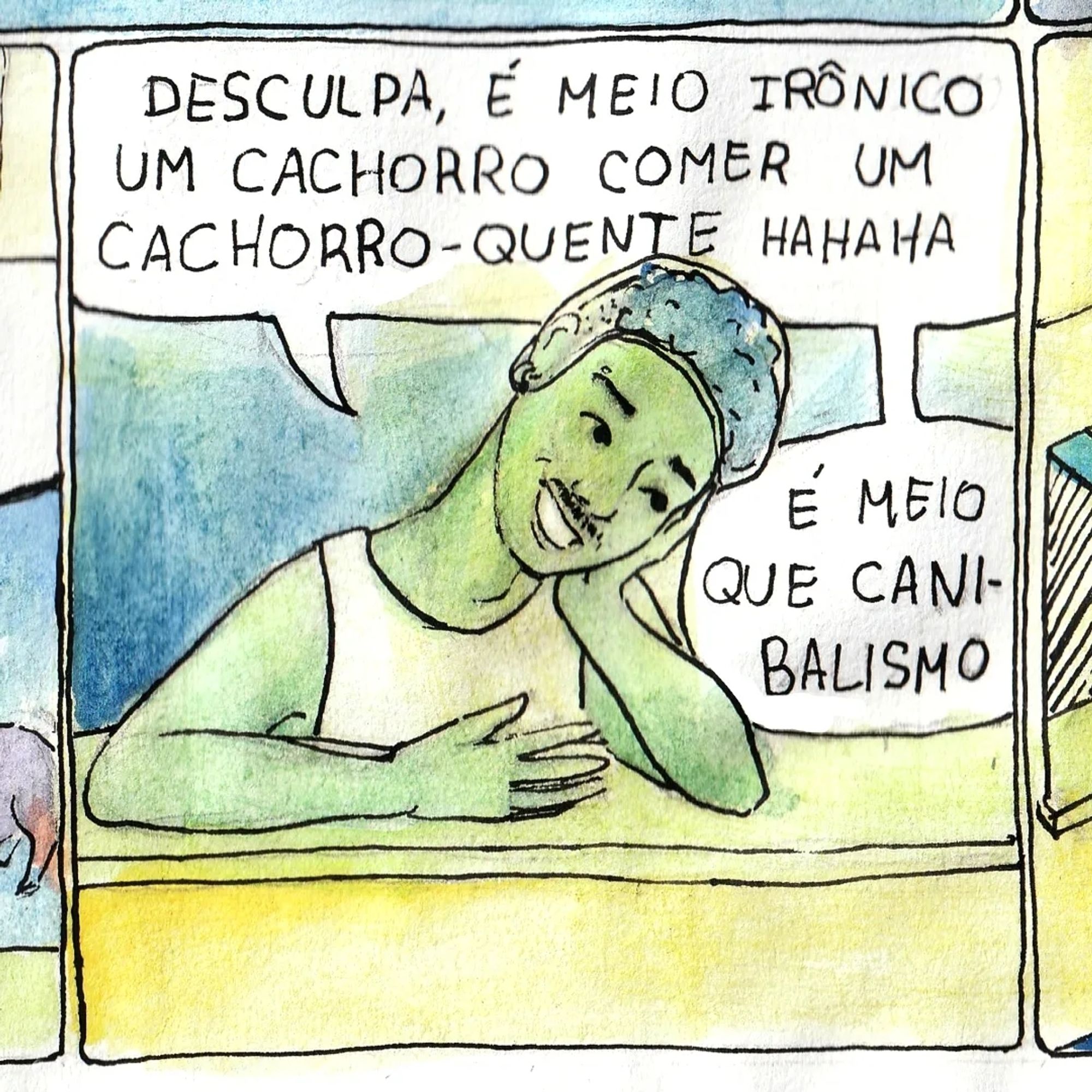 o homem responde "desculpa, é meio irônico um cachorro comer um cachorro quente. é meio que canibalismo"