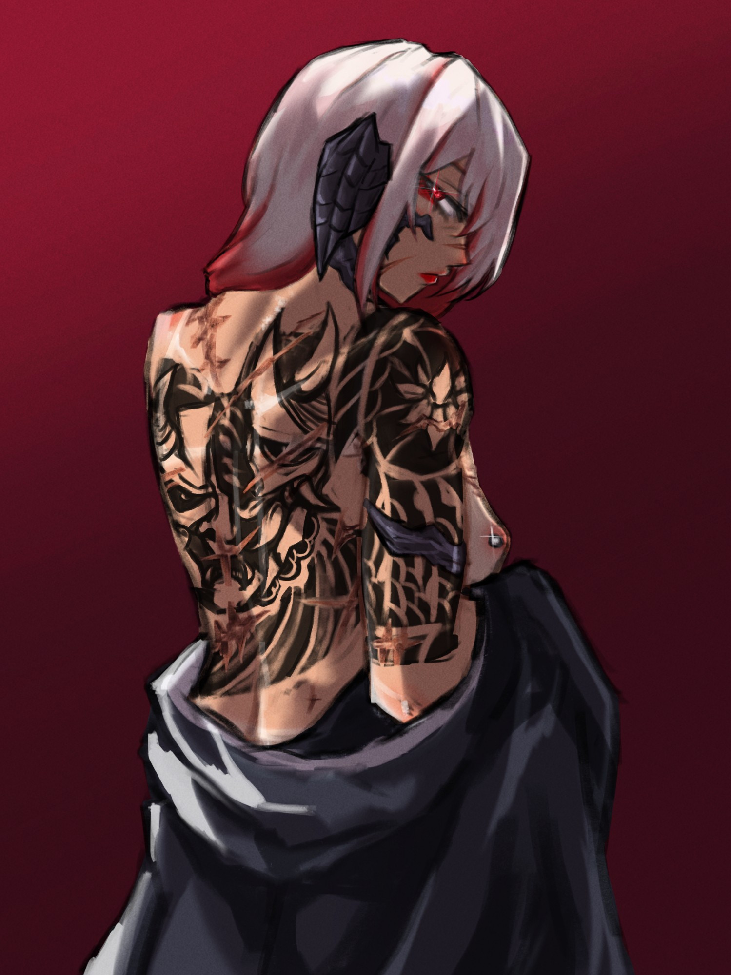 Back view of a fit au ra woman with a scarred and tattooed back depicting a Hannya and lotus flowers. 