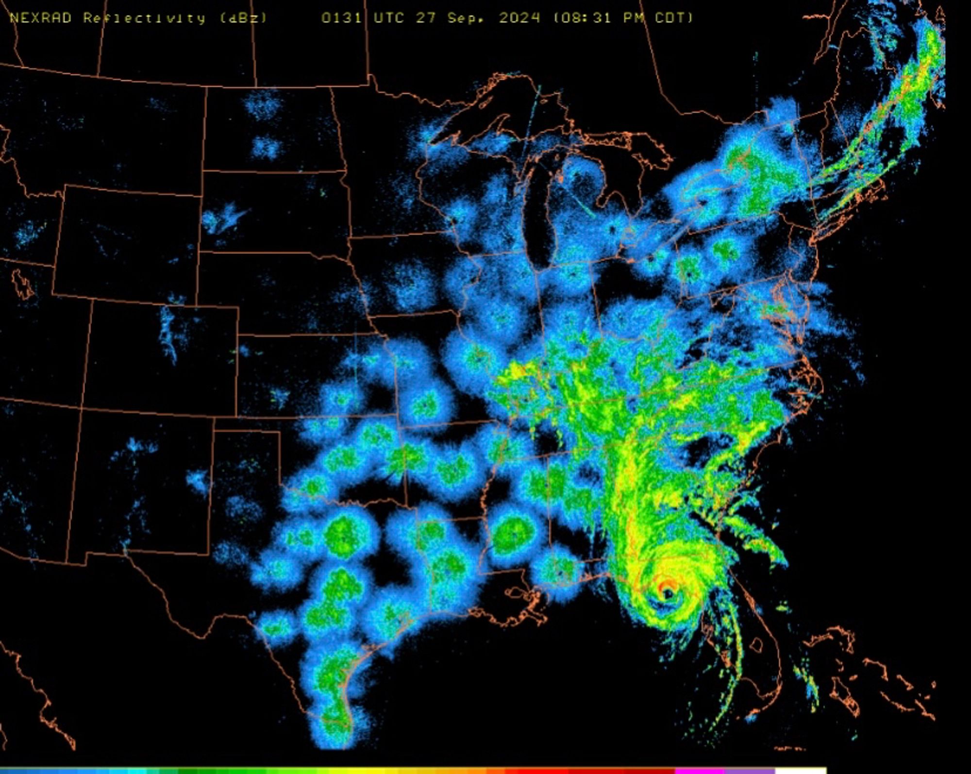 NEXRAD radar map showing bird migration and a big bunch of hurricane weather.