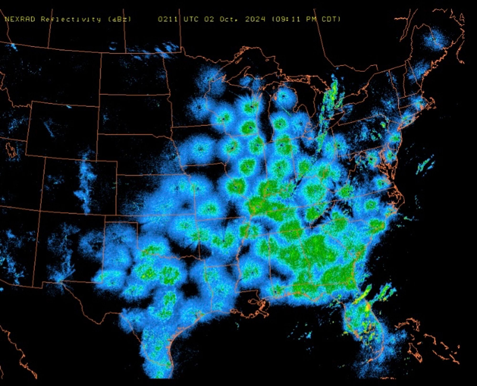 NEXRAD reflectivity radar map showing birds and weather.