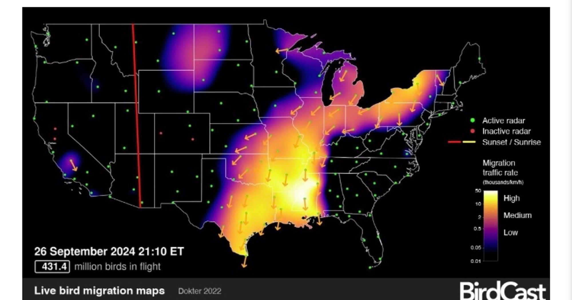 BirdCast map showing 431.4 million birds in flight at 9:10pm EDT on September 26, 2024. There is some movement coming down New York and PA, but then there’s a big blank spot from the Virginias on south and east.