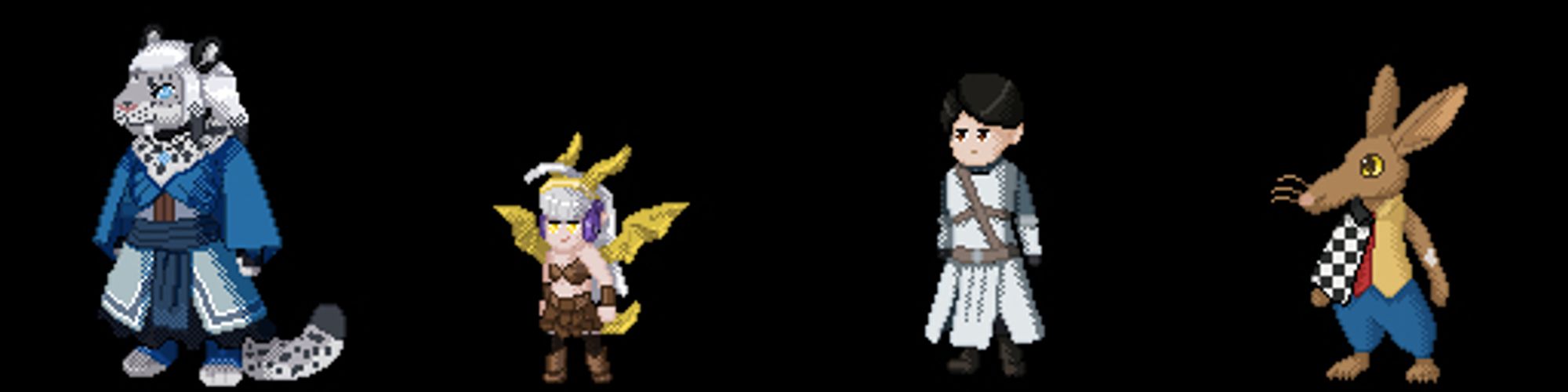 A lineup of pixel sprites. Drazenka, ronso in blue robes, Ao, gria with yellow wings, tail and horns, Edwin, human in blue robes, Zeieran, qiqirn with colourful clothes and a checkered cloak.