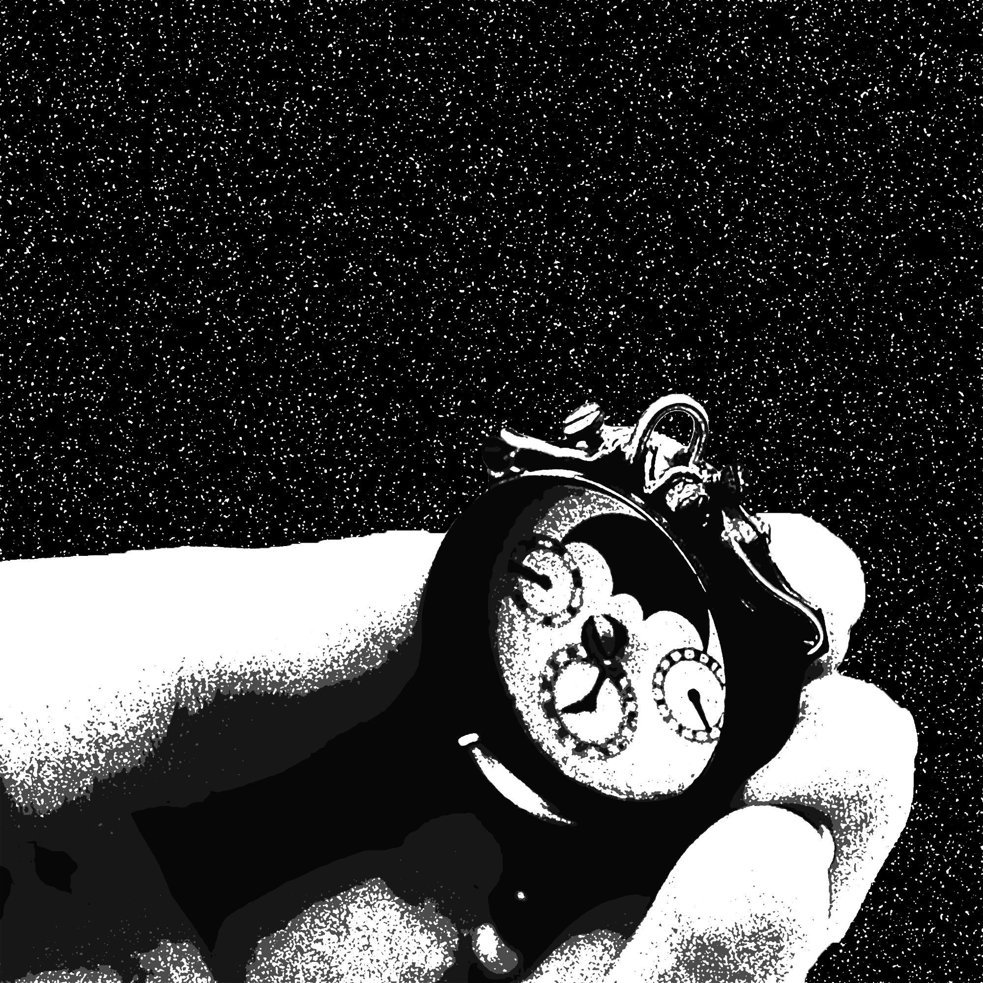 An image rendered in faux-photocopy style of a hand holding a pocket-sized steampunk-style watch face with multiple dials and a twist of wire along the top exposed screws.