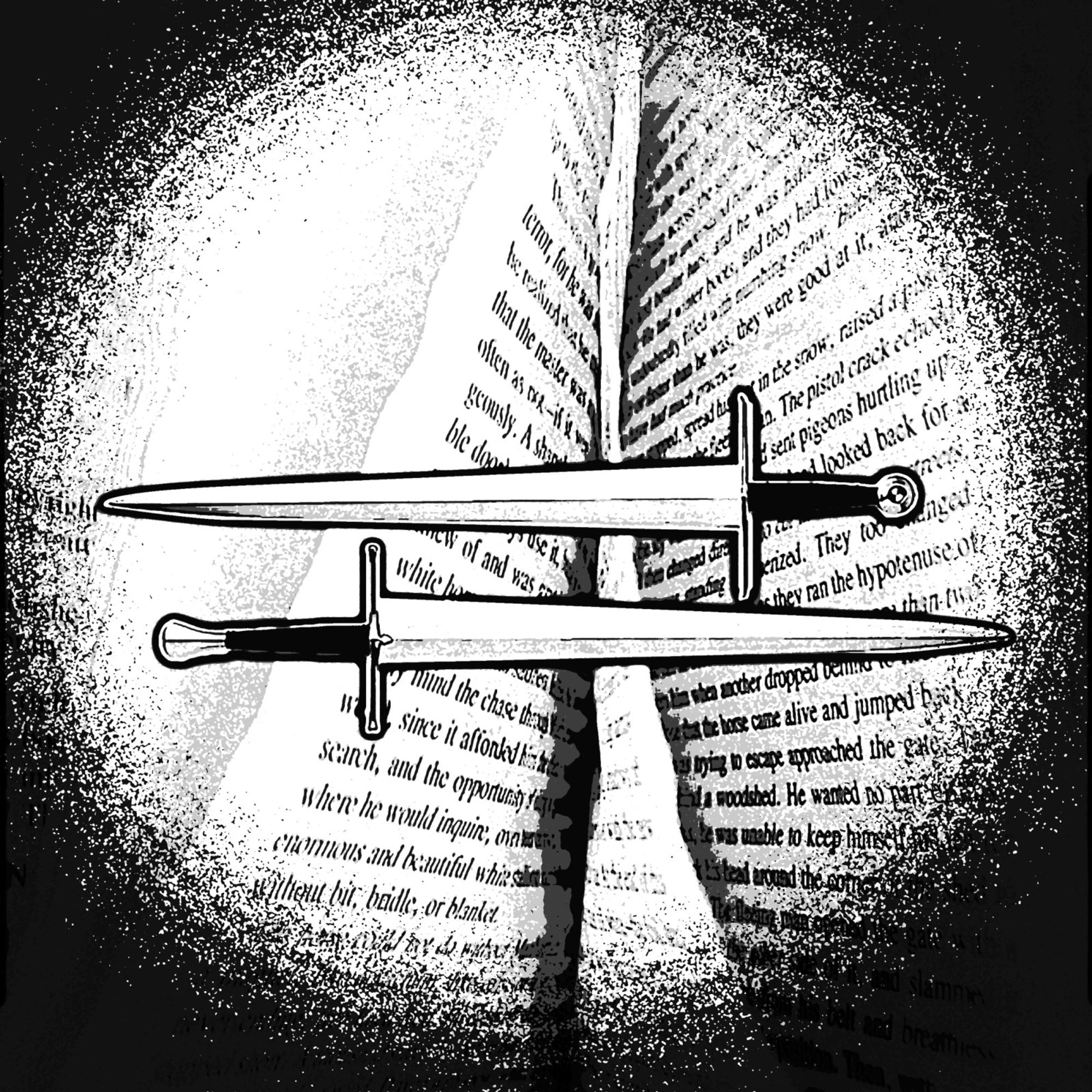 An image rendered in faux-photocopy style of two daggers, each pointing in opposite directions horizontally over the pages of a book mid-turn. A circular vignette frames them.