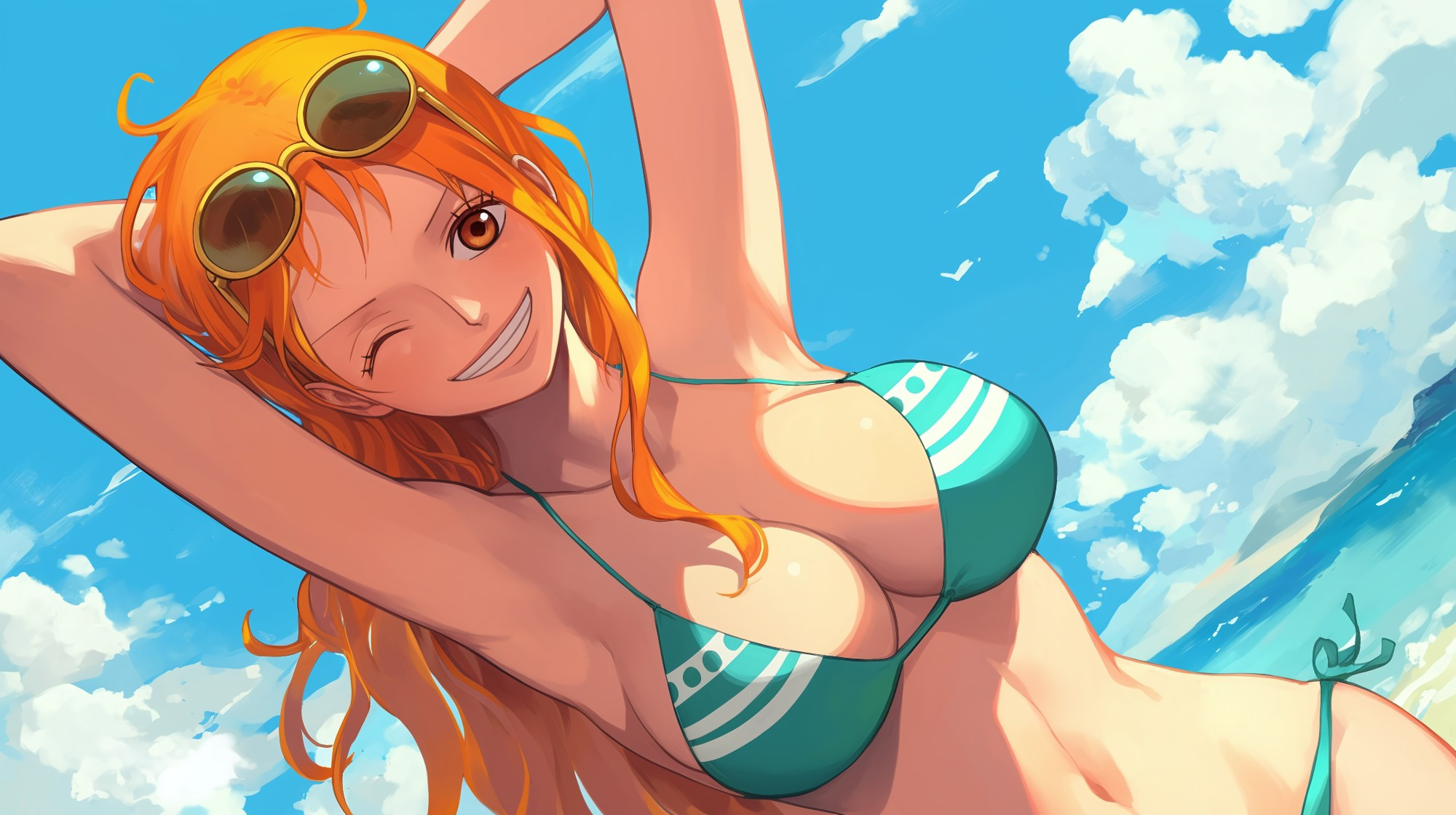 Nami from one piece anime wearing green bikini in summer.