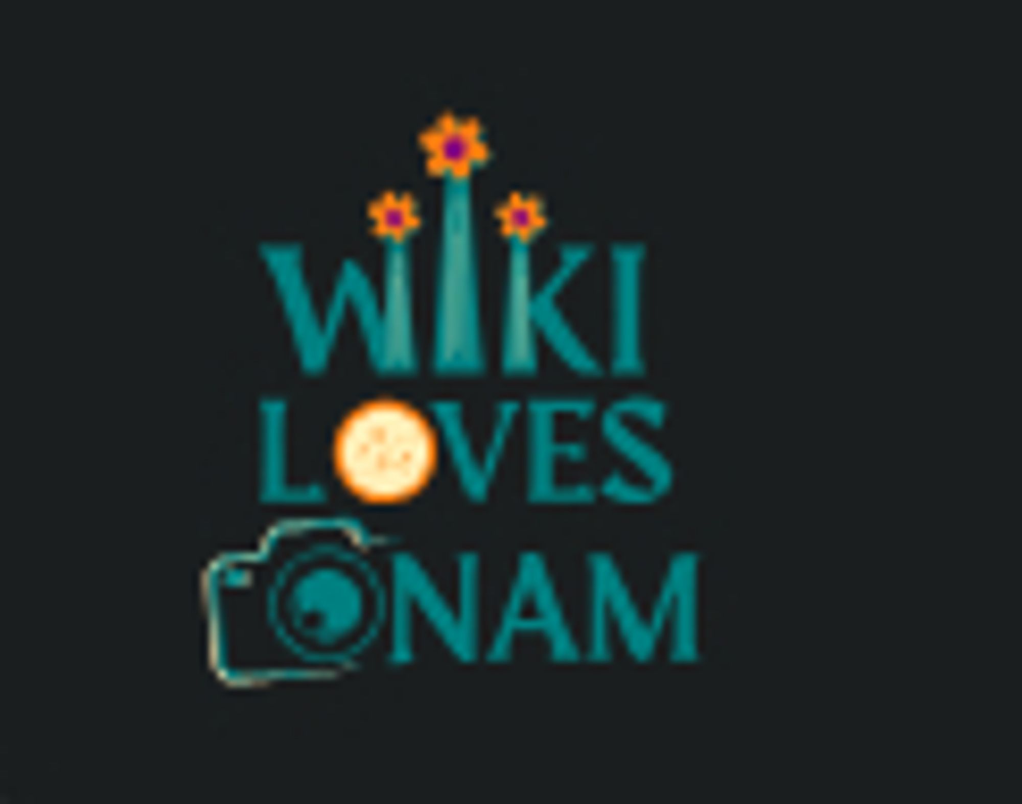 A stylized logo that says "Wiki Loves Onam", but the "O" in "Onam" is a camera