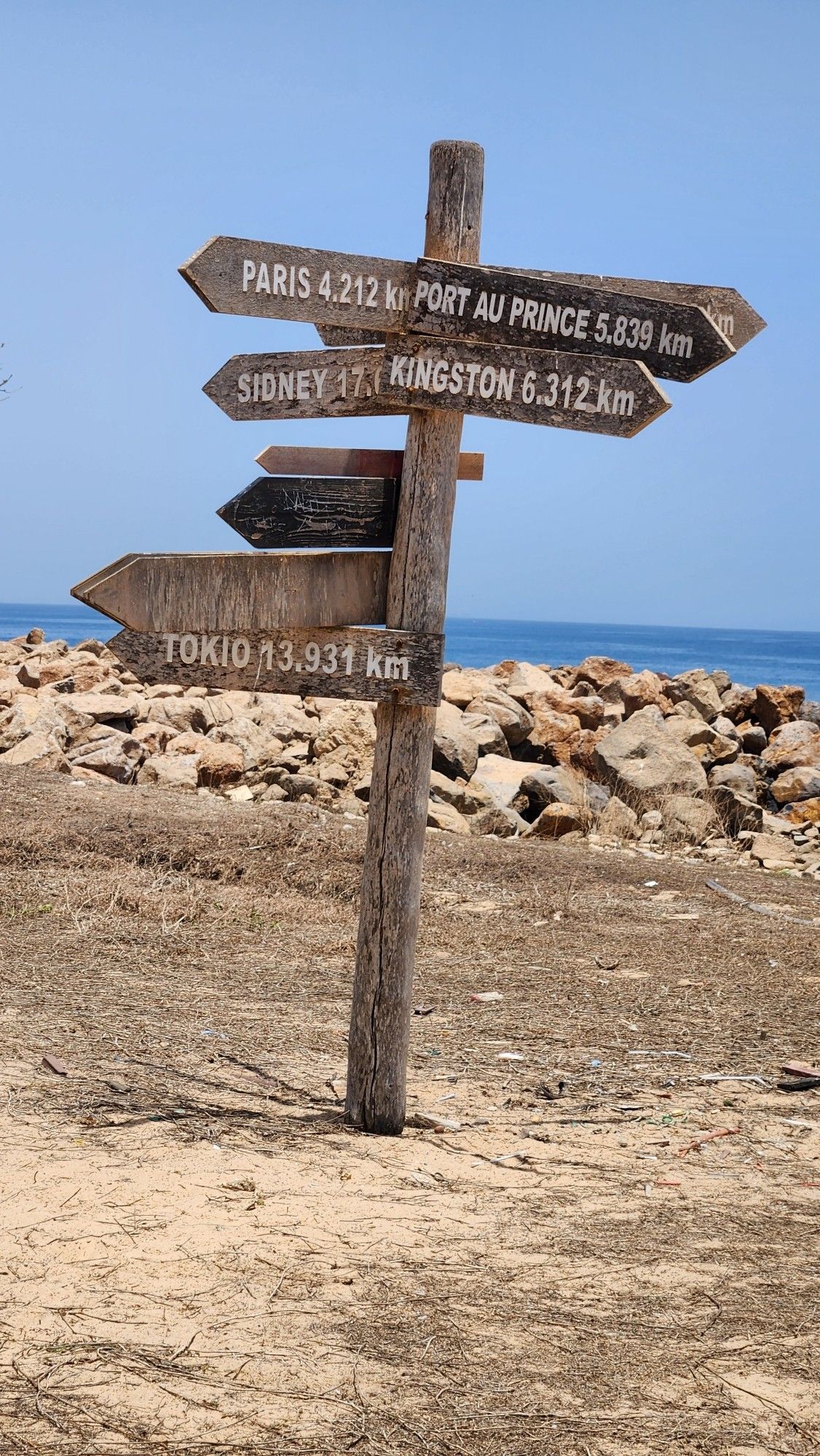 Signpost at beach in Dakar, Senegal. Westernmost point in Africa.