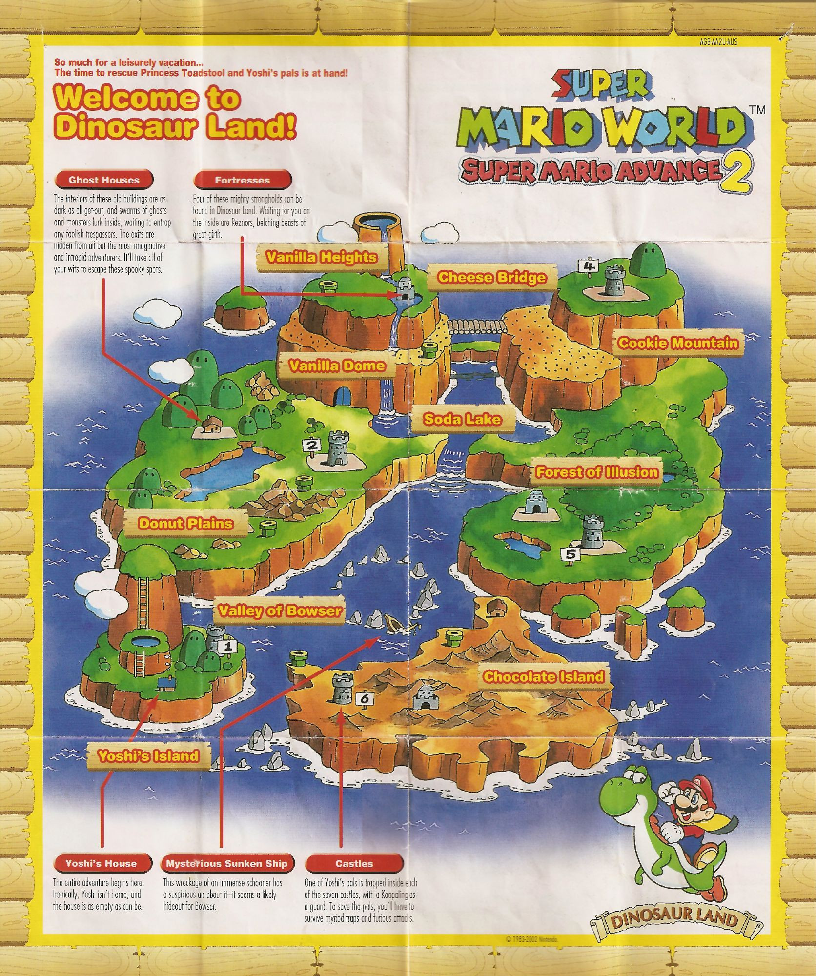 A labeled map of Dinosaur Land, as seen through a fold-out flyer that came with Super Mario World: Super Mario Advance 2.