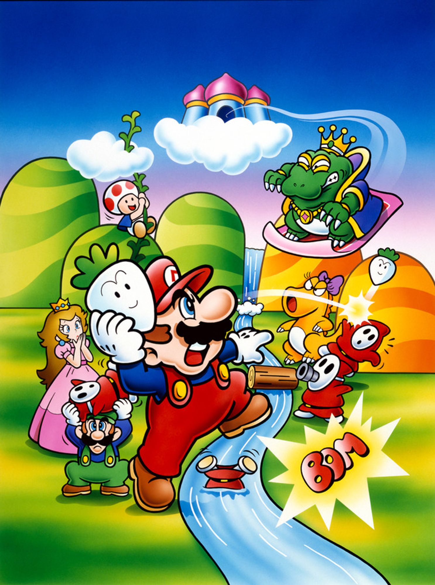 Mario, Luigi, Princess Toadstool/Peach, and Toad fighting against Wart and his minions within Subcon.