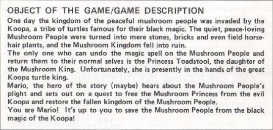 The Mushroom King, Princess (Peach) Toadstool's father, gets a passing mention in the manual for Super Mario Bros.