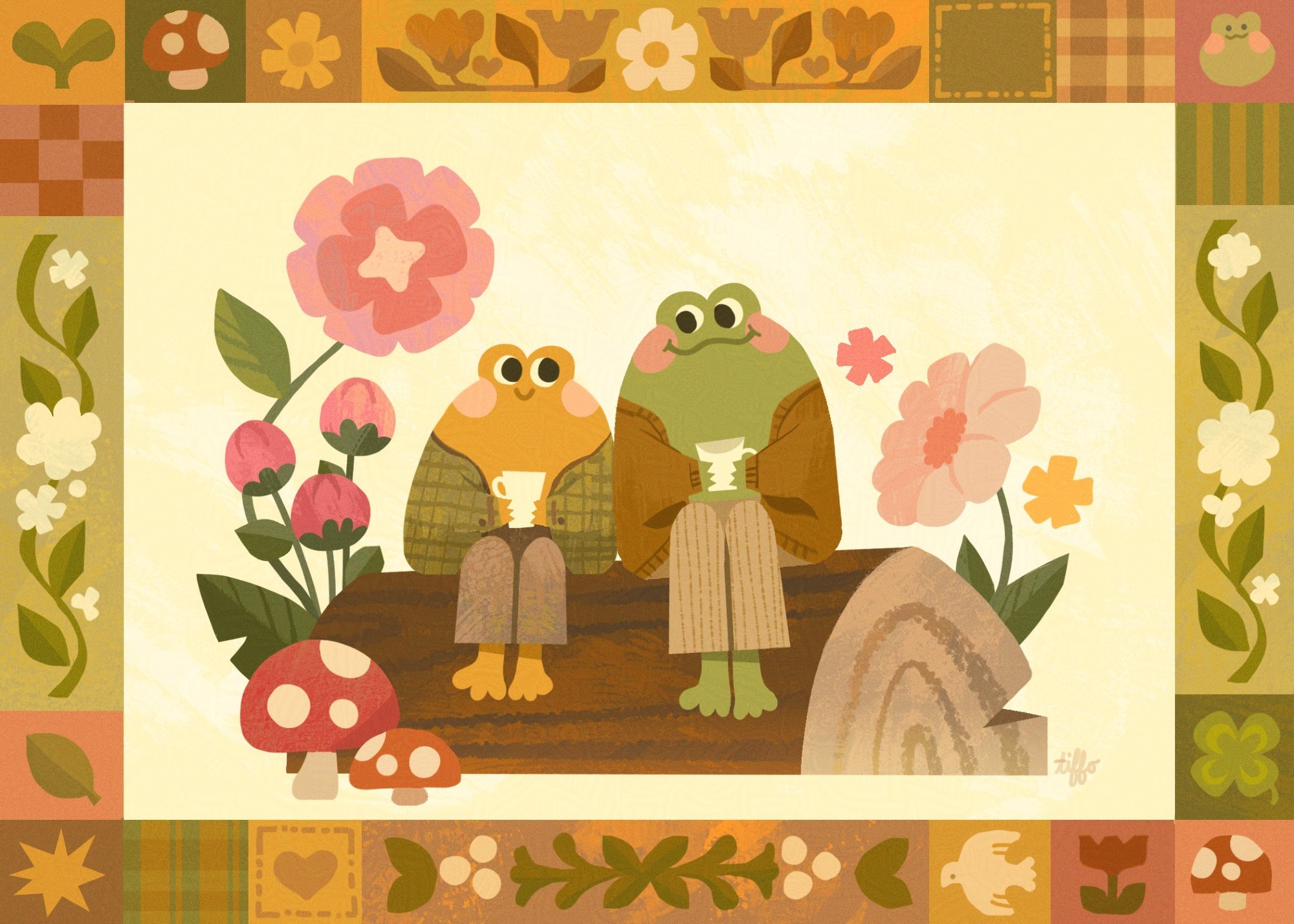 Cute frog and toad sitting on a log together surrounded by flowers