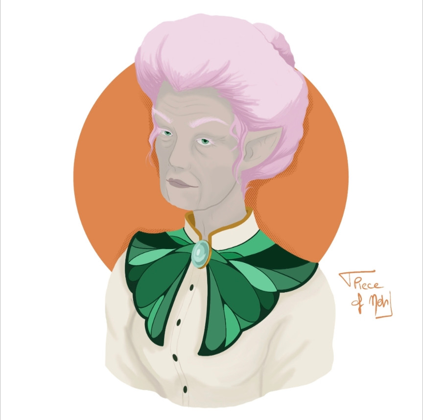 Old woman, grey skin, pastel pink hair tied in a 1800's bun, wearing a white shirt with a butterfly inspired green collar 