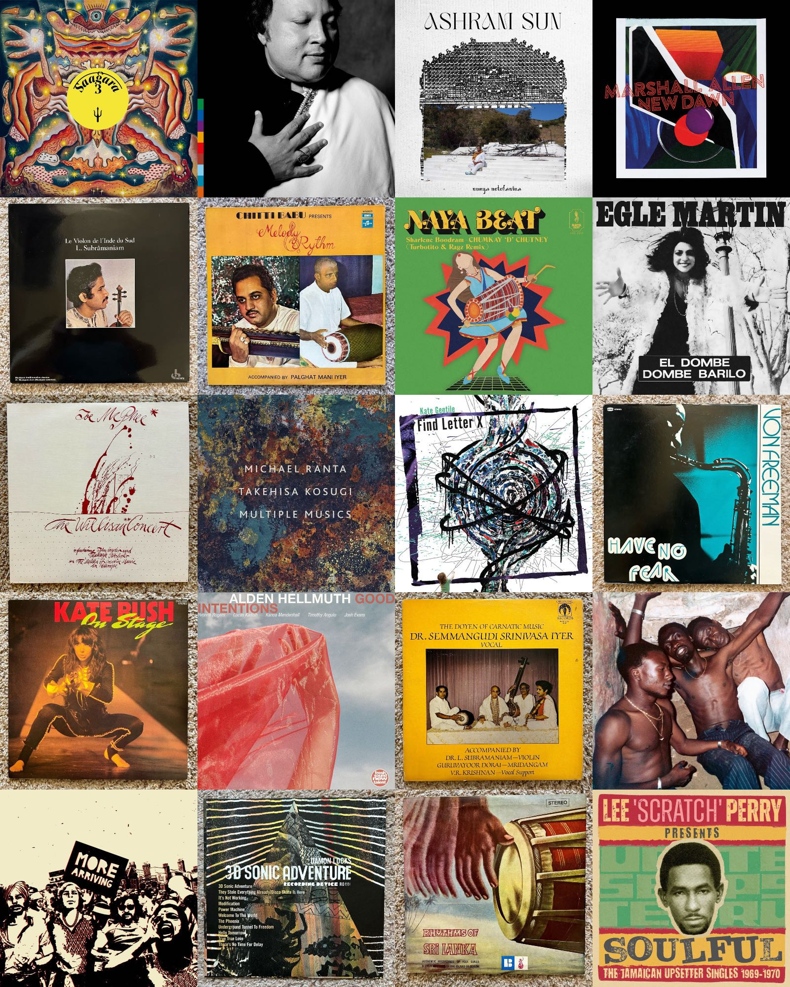 An image of 20 different records I played on the latest episode of my WFMU radio show