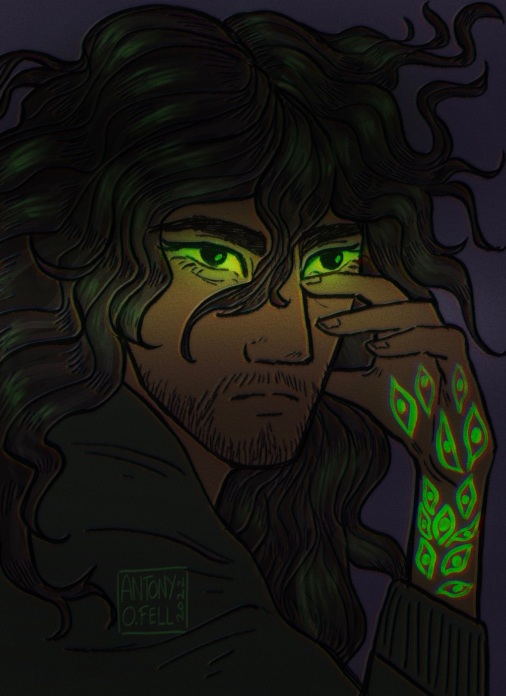 A dark drawing of the character Jon Sims from the fictional podcast The Magnus Archives. It's a portrait of a man with long, dark curly hair and dark skin. His hair is floating up from his head, and he's looking past the viewer with a serious expression, holding a hand to his face. His eyes are glowing bright green and eye symbols in the same color are covering his arm and hand. 