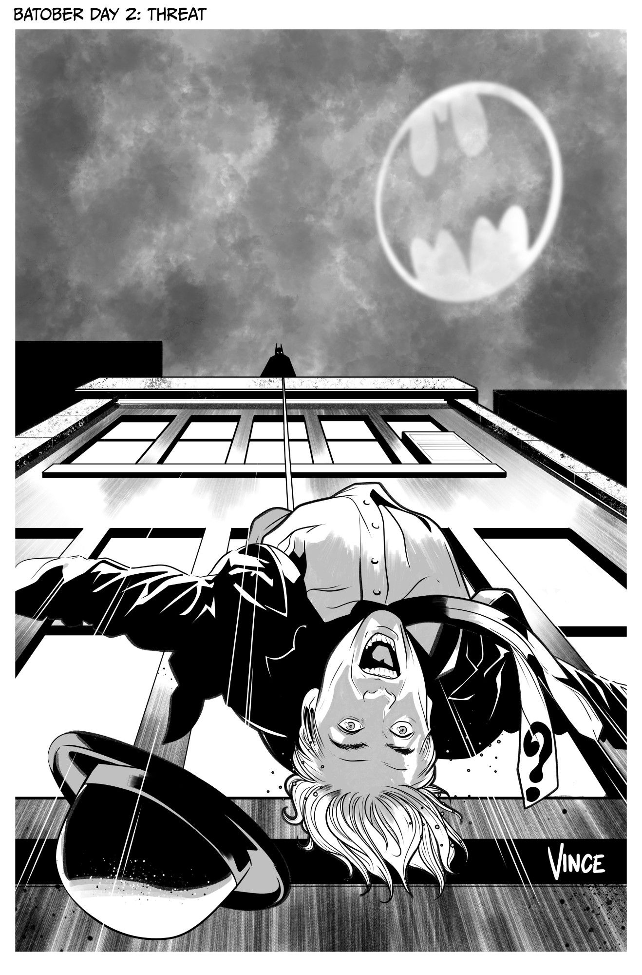 A black and white drawing of Batman tossing The Riddler from a rooftop, while the Batsignal shines in the sky behind him. But it's okay. He's got him on a rope.