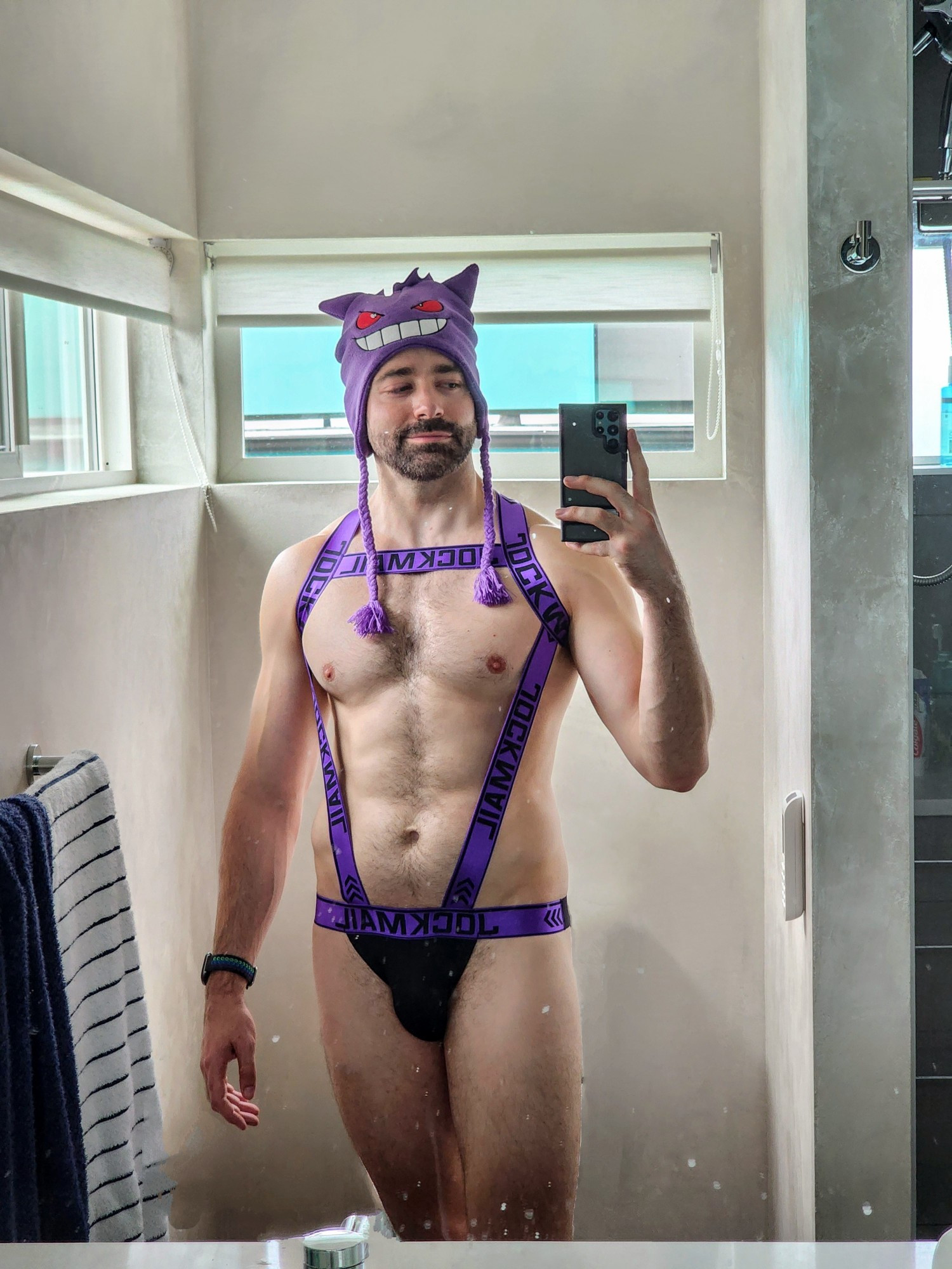 Gengar hat with purple harness/jockstrap combo