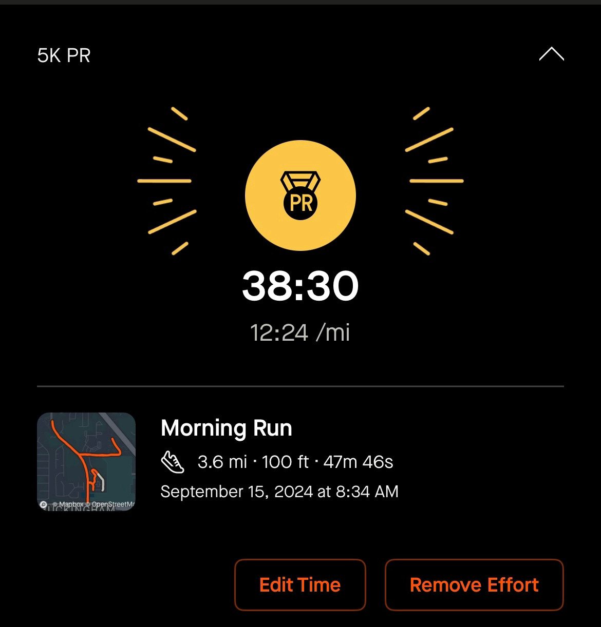 Strava screenshot showing a new personal record for a 5k at 38 minutes and 30 seconds.