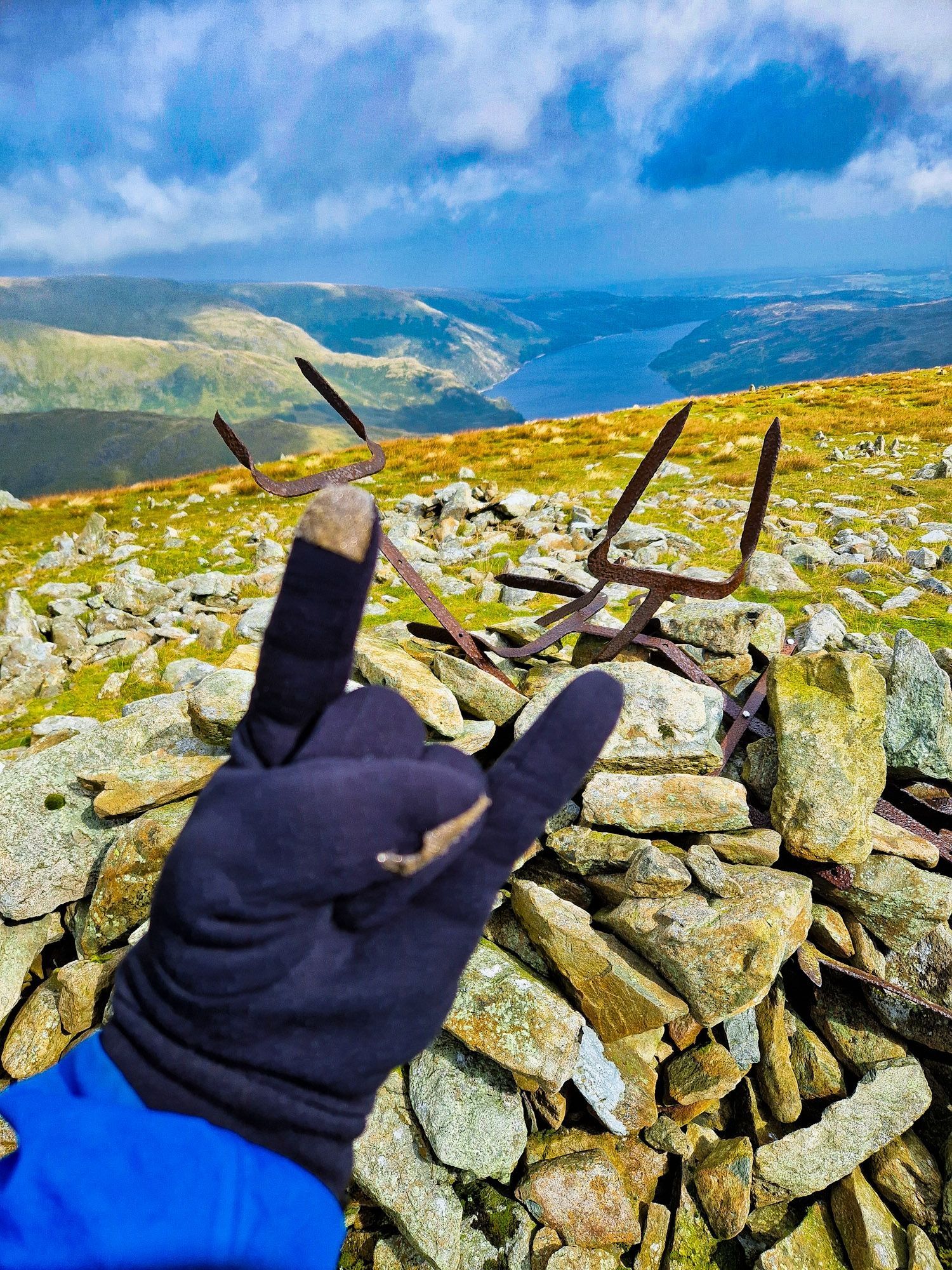 Devil Hand, infront of twisted metal doing the same. Harter Fell, Lakedistrict UK. Haweswater reservoir in the distance.