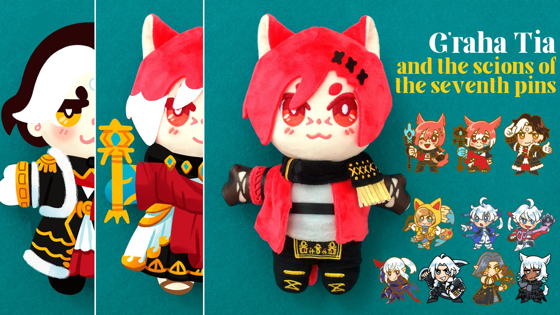 A kickstarter to launch G'raha Tia, Emet Selch and Crystal Exarch plushies and a bunch of FF XIV enamel pins too! Plushies are cute and ready to hug you