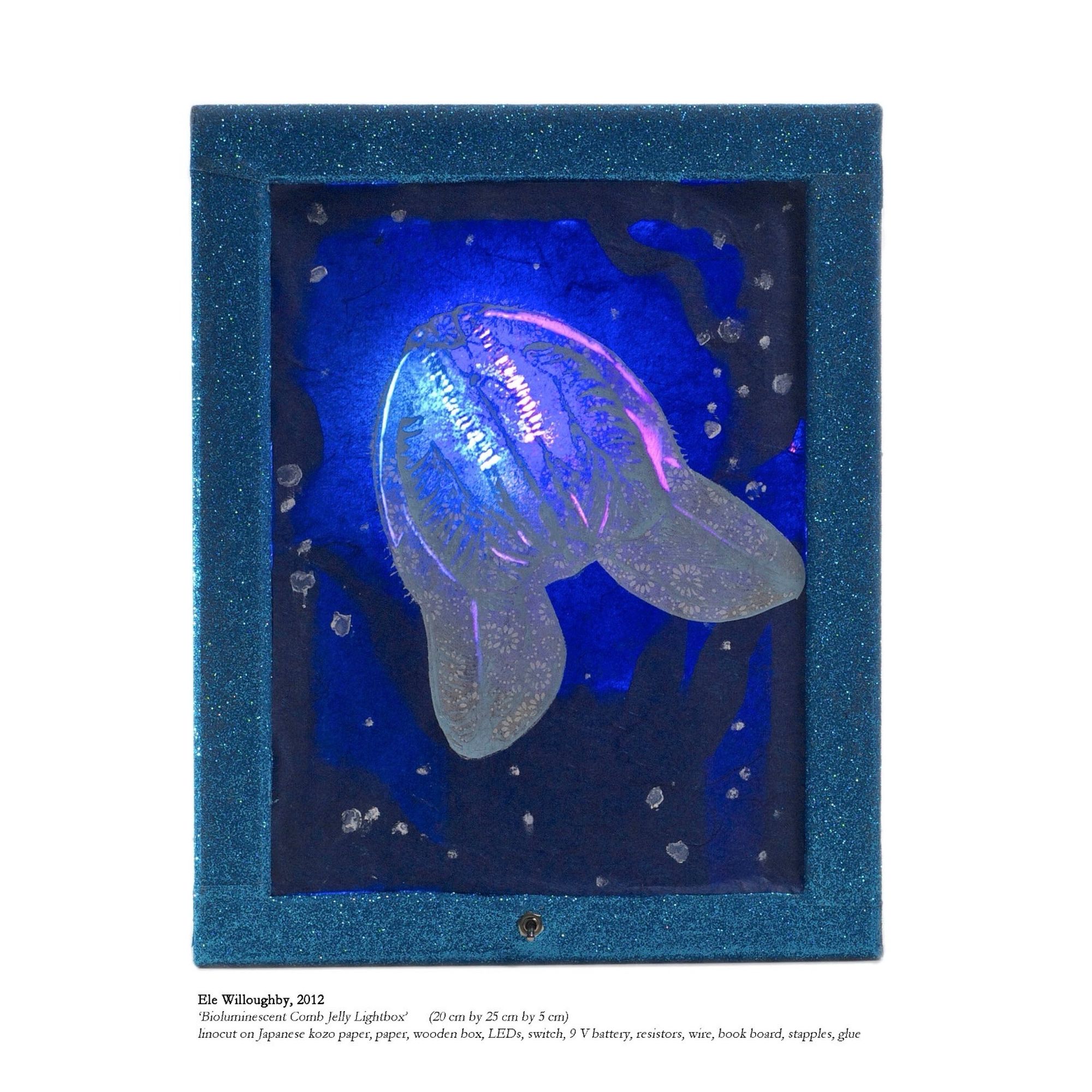 This multimedia piece combines my linocut comb jelly on translucent Japanese paper, and self-flashing rgb LEDs to replicate their incredible bioluminescence. The translucent white comb jelly in in a dark blue glowing rectangle with two stripes of dashes along its body where changing coloured light glows through. The exterior of the box is wrapped in glittering electric blue paper. Below the multimedia piece there is text which reads, “Ele Willoughby, 2012
Bioluminescent Comb Jelly Lightbox (20 cm x 25 cm x 5 cm)
Linocut on Japanese kozo paper, paper, wooden box, LEDs, switch, 9V battery, resistors, wire, book board, staples, glue