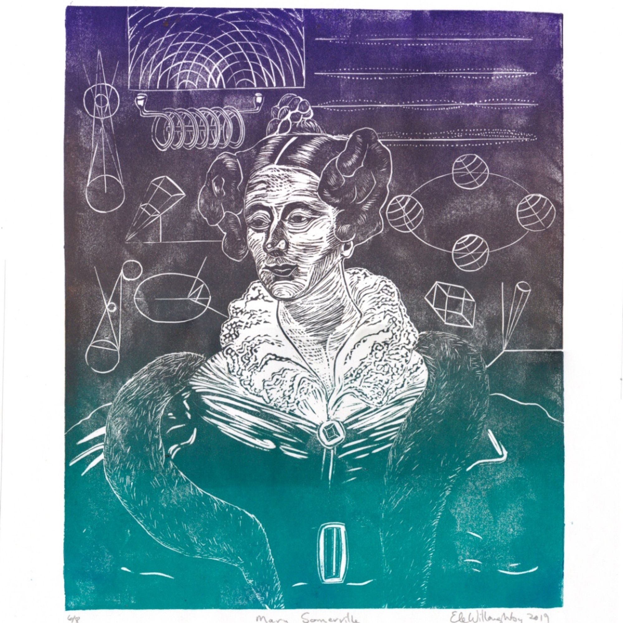 My linocut portrait of Mary Somerville in a dress with lace collar and fur trim, surrounded by math, physics and astronomy diagrams from her publications, in a gradient of turquoise at the bottom to violet at the top.