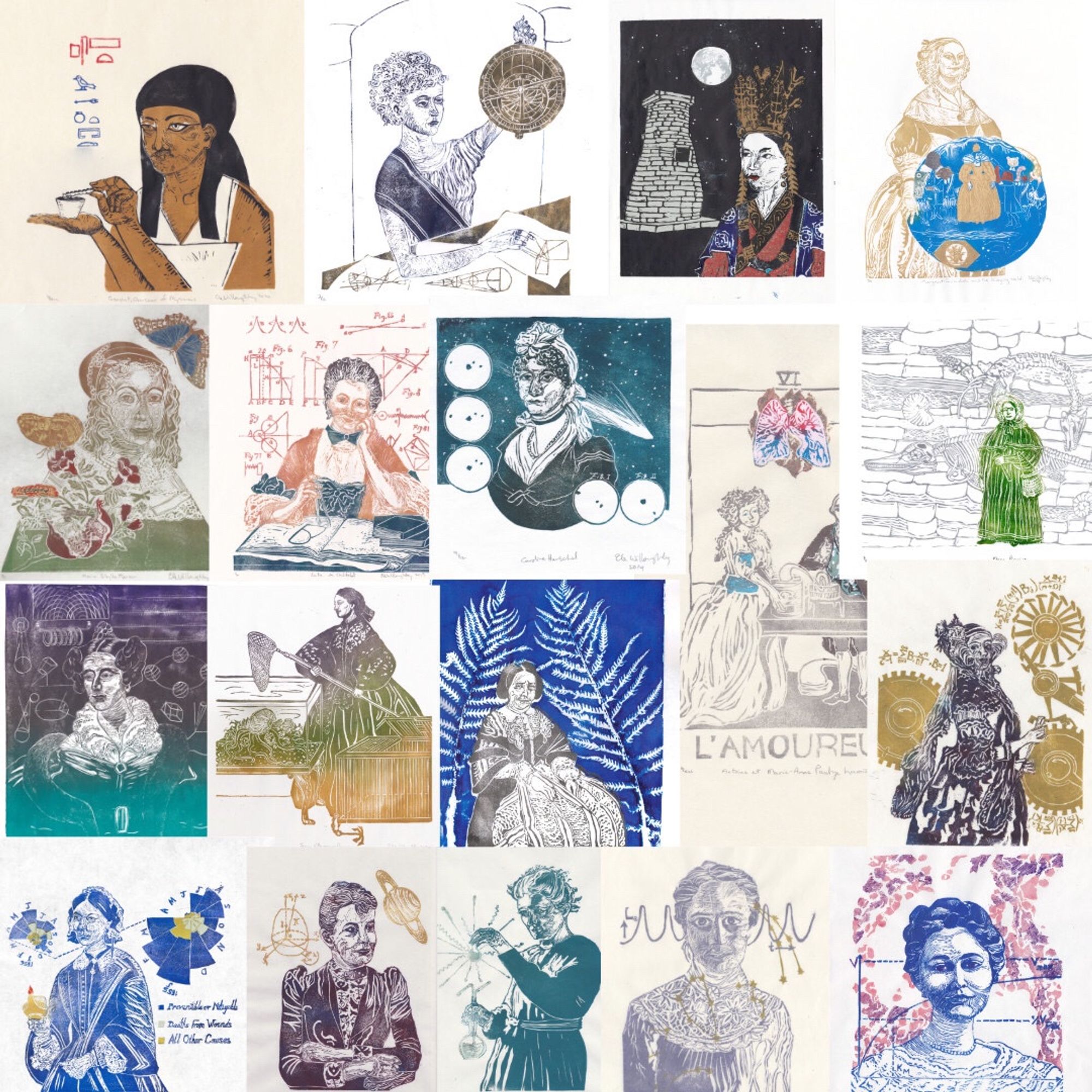 this is a collection of linocut prints of (top row): 

Physician Peseshet 
Mathematician Hypatia 
Astronomer Queen Seondeok of Silla
Natural philosopher Margaret Cavendish 
Entomologist Maria Sibylla Merian
Physicist Émilie du Châtelet 
Astronomer Caroline Herschel 
Chemist Marie-Anne Paulze Lavoisier 
Paleontologist Mary Anning
Astronomer Mary Somerville 
Marine biologist Jeanne Villepreux-Power
botanist Anna Atkins
Mathematician Ada Lovelace 
Nurse & statistician Florence Nightingale 
Mathematician Sophia Kovalevski 
Physicist Marie Skłodowska-Curie
Astronomer Henrietta Swan Leavitt
biochemist & medical research Maude Menten

Each is shown with a representation of their scientific work.